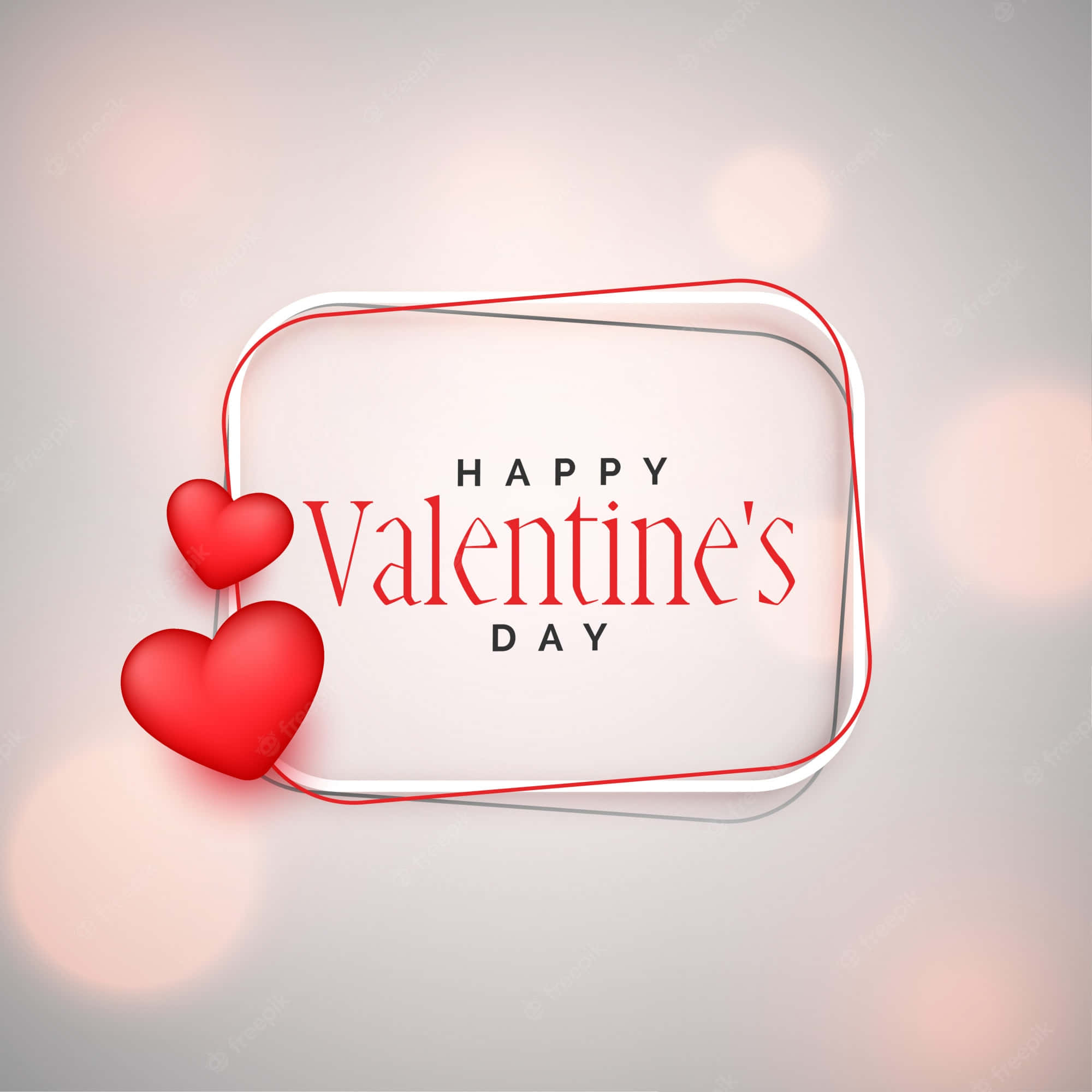 Happy Valentines Day 桌布 壁紙 — 一個節日情人節祝福，紅色心形和文字在浮動框架內，背景柔和散景。