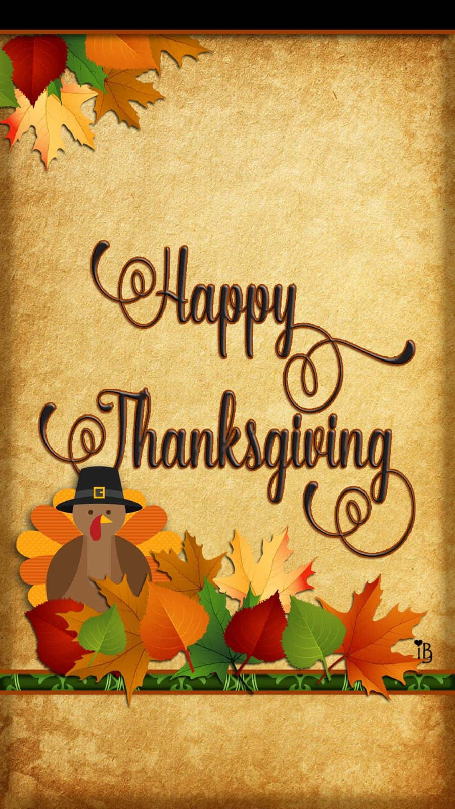 Happy Thanksgiving 桌布 壁紙 — 一個節日感恩節問候，卡通火雞戴著朝聖者帽子，周圍環繞著色彩繽紛的秋葉，背景是帶紋理的羊皮紙。