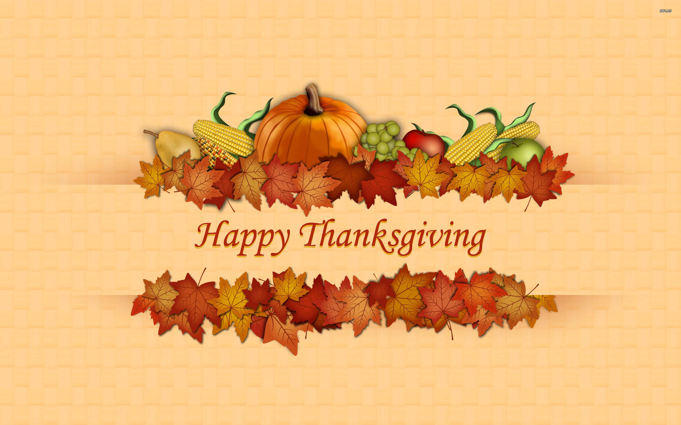 Happy Thanksgiving 桌布 壁紙 — 一個節日感恩節橫幅，上面有南瓜、玉米、蘋果和秋葉，背景是編織米色。