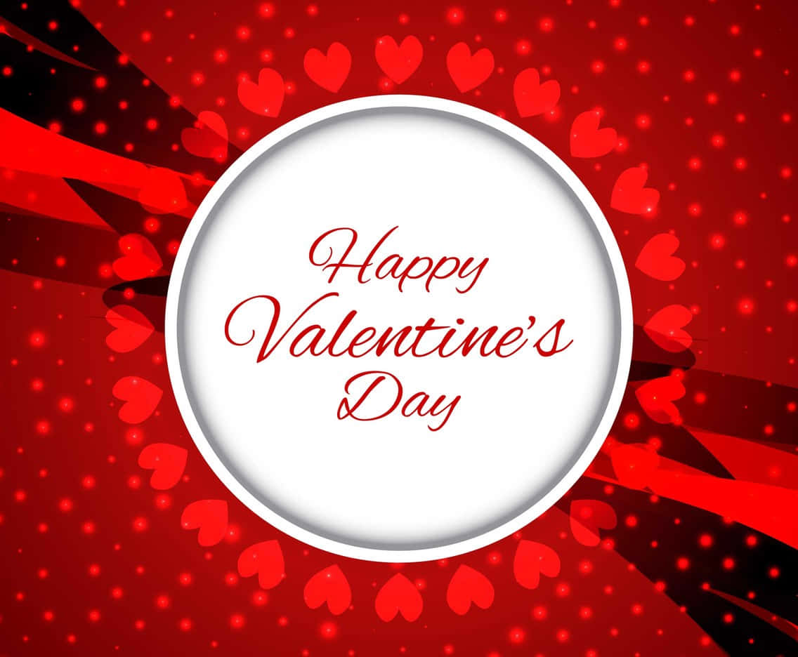 Happy Valentines Day 桌布 壁紙 — 一個節日氣氛濃厚的情人節祝福，中央白色圓圈散發出紅色心形和閃爍的圓點。
