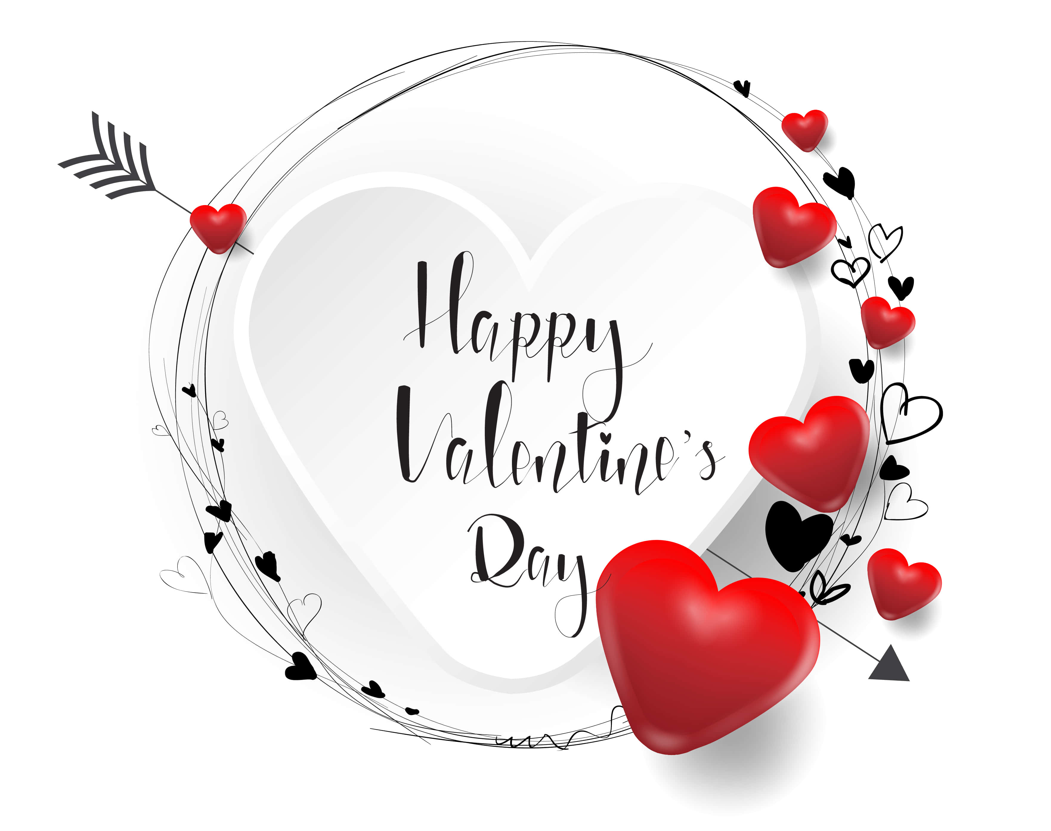 Happy Valentines Day 桌布 壁紙 — 一個節日氣氛濃厚的情人節祝福，包含一個大的白色心形、紅色和黑色心形，以及一支圍繞優雅草書文字旋轉的愛神之箭。