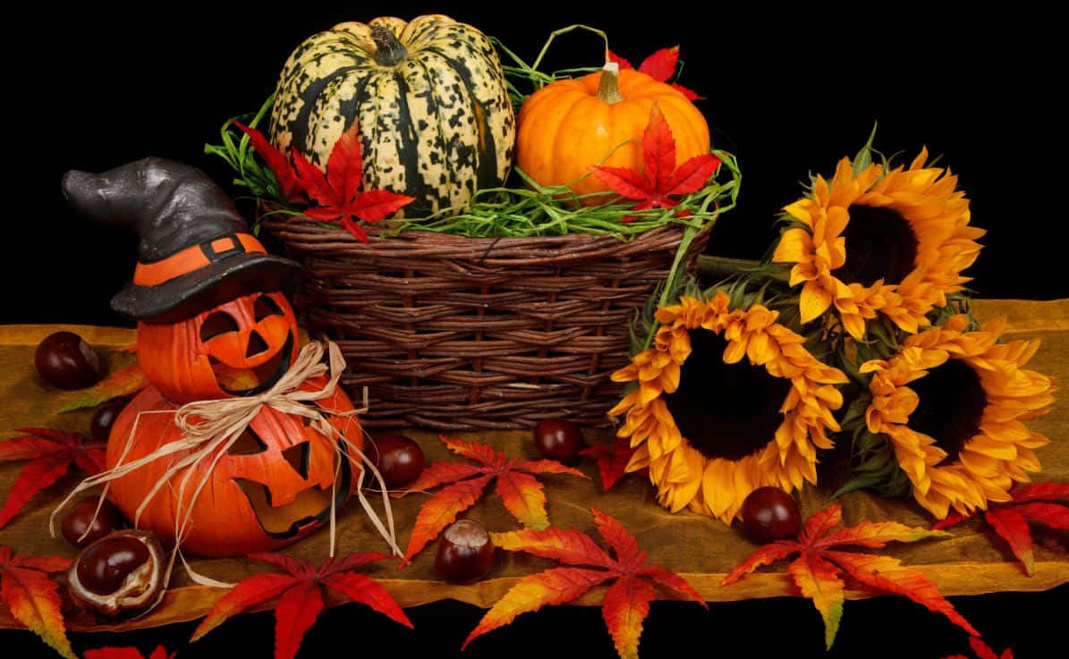 Halloween Props 桌布 壁紙 — 一個節日氣氛的秋季靜物畫，南瓜、向日葵和裝飾著女巫帽的葫蘆擺放在木質表面上，配以鮮紅的樹葉和栗子。