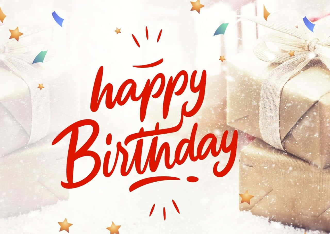 Birthday Wishes 桌布 壁紙 — 一個節日生日祝福，紅色草書文字被金色星星和包裝好的禮物包圍，背景有飄落的五彩紙屑。