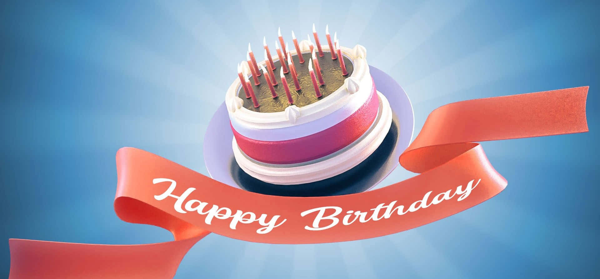 Birthday Wishes 桌布 壁紙 — 一個節日生日蛋糕，帶有紅色蠟燭和絲帶，在明亮的藍色背景上漂浮。