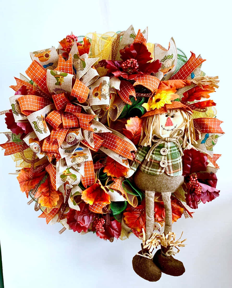 Fall Scarecrow 桌布 壁紙 — 一個節日秋季花環，飾有橙色格子絲帶、秋葉和一個歡快的稻草人形象。