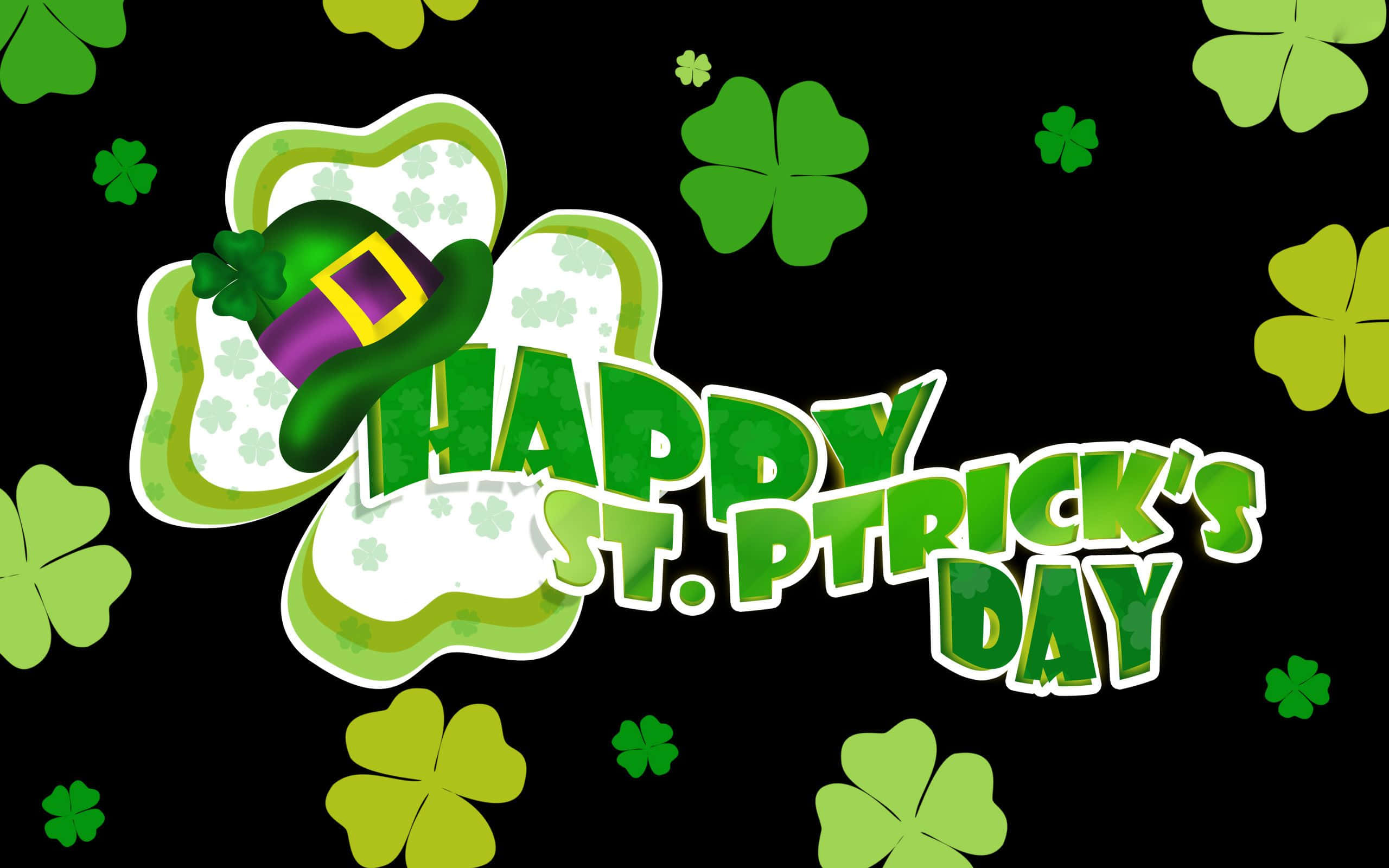 Saint Patricks Day 桌布 壁紙 — 一個節日綠色三葉草，帶有妖精帽子和粗體文字，在黑色背景上宣告聖帕特里克節快樂。