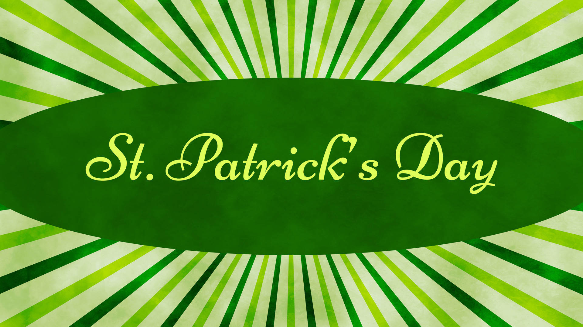 St Patrick's Day 桌布 壁紙 — 一個節日綠色橢圓形，帶有草書的聖帕特里克節文字，在綠色和奶油色條紋的太陽光線圖案中散發光芒。