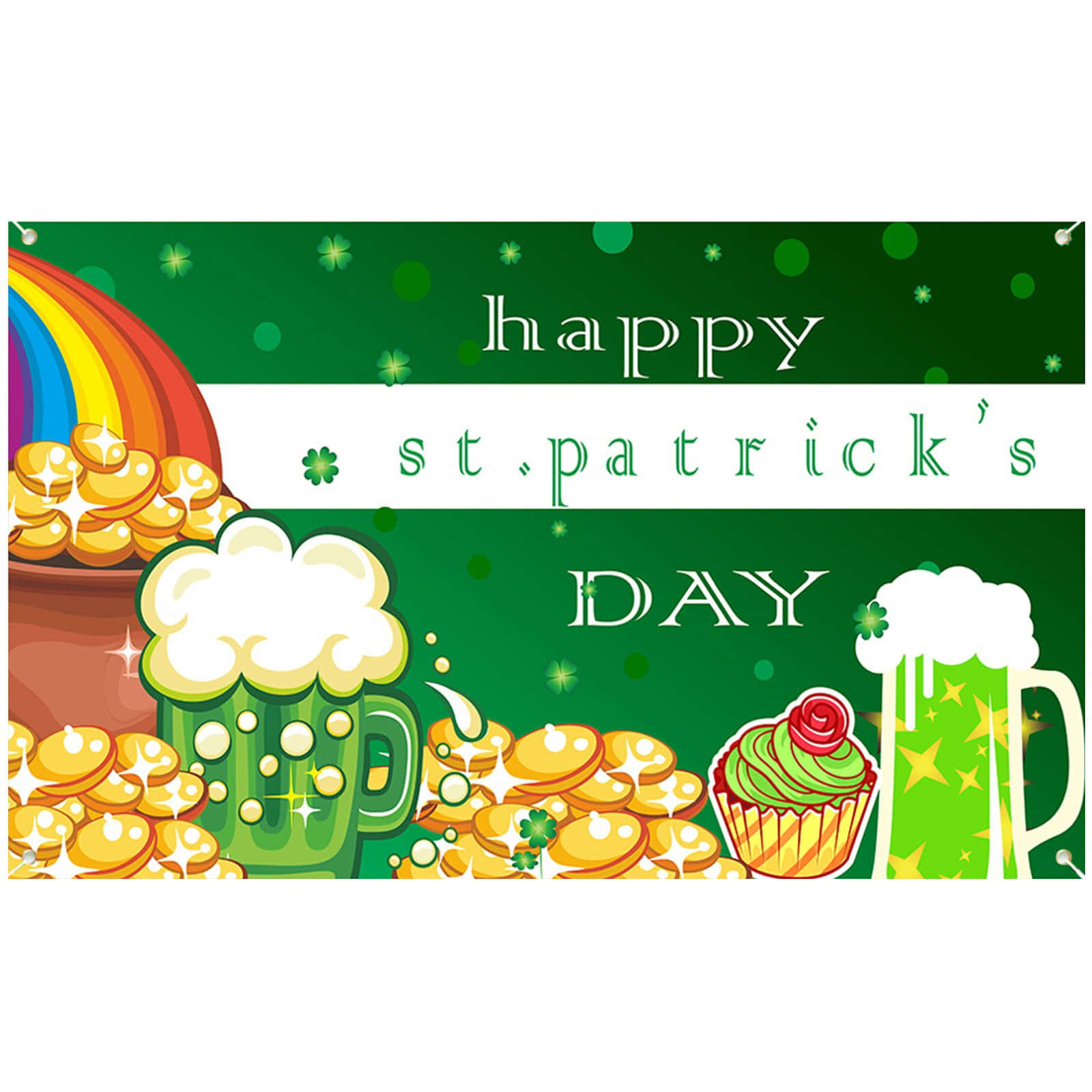 St Patrick's Day 桌布 壁紙 — 一個節日聖派翠克節橫幅，上面有綠色啤酒杯、彩虹硬幣和一個杯子蛋糕，背景是閃閃發光的綠色。