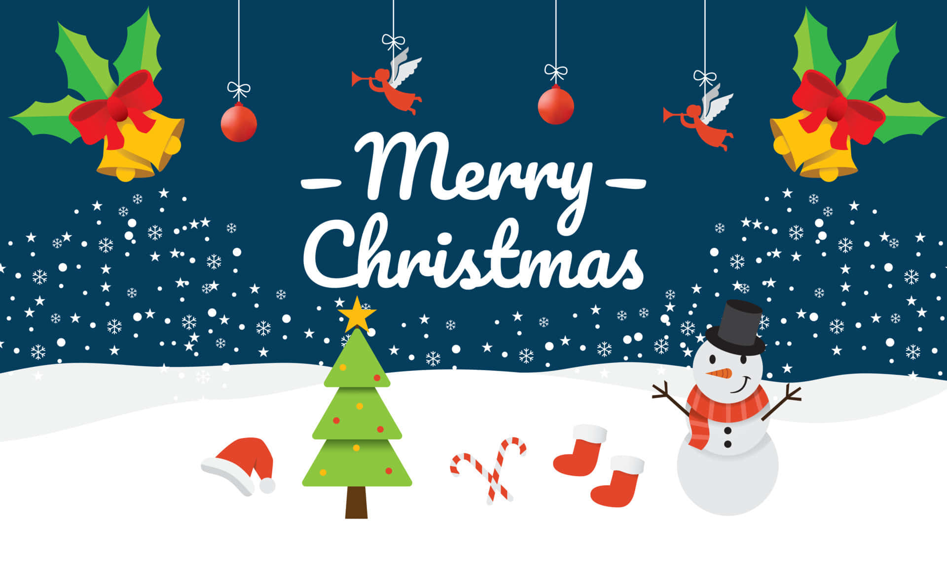 Christmas Eve 桌布 壁紙 — 一個節日聖誕場景，有雪人、拐杖糖和樹木，在飄雪下掛著裝飾品和天使。