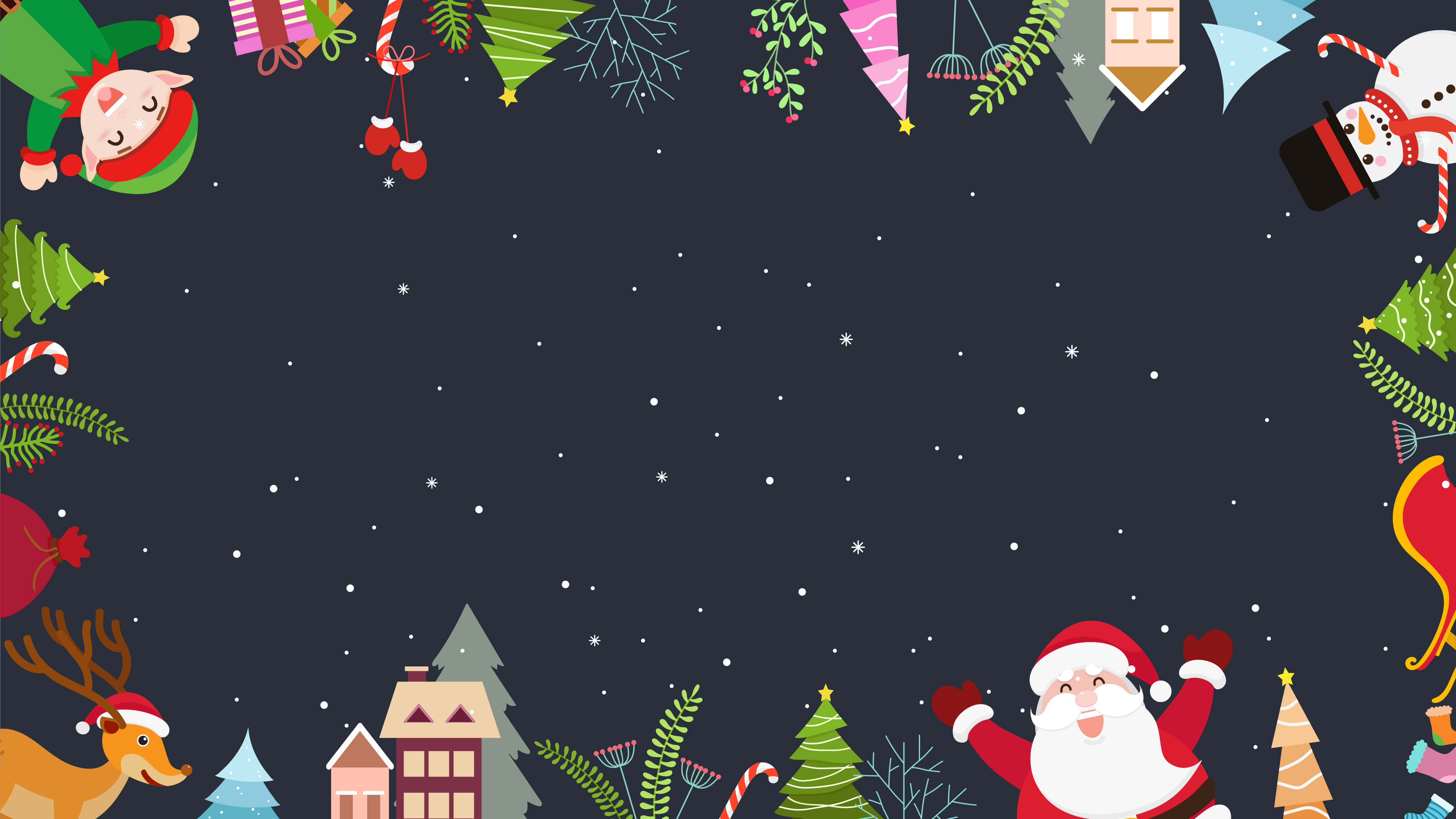 Christmas Eve 桌布 壁紙 — 一個節日聖誕邊框，以聖誕老人、馴鹿、雪人和樹木框住星光燦爛的夜空。