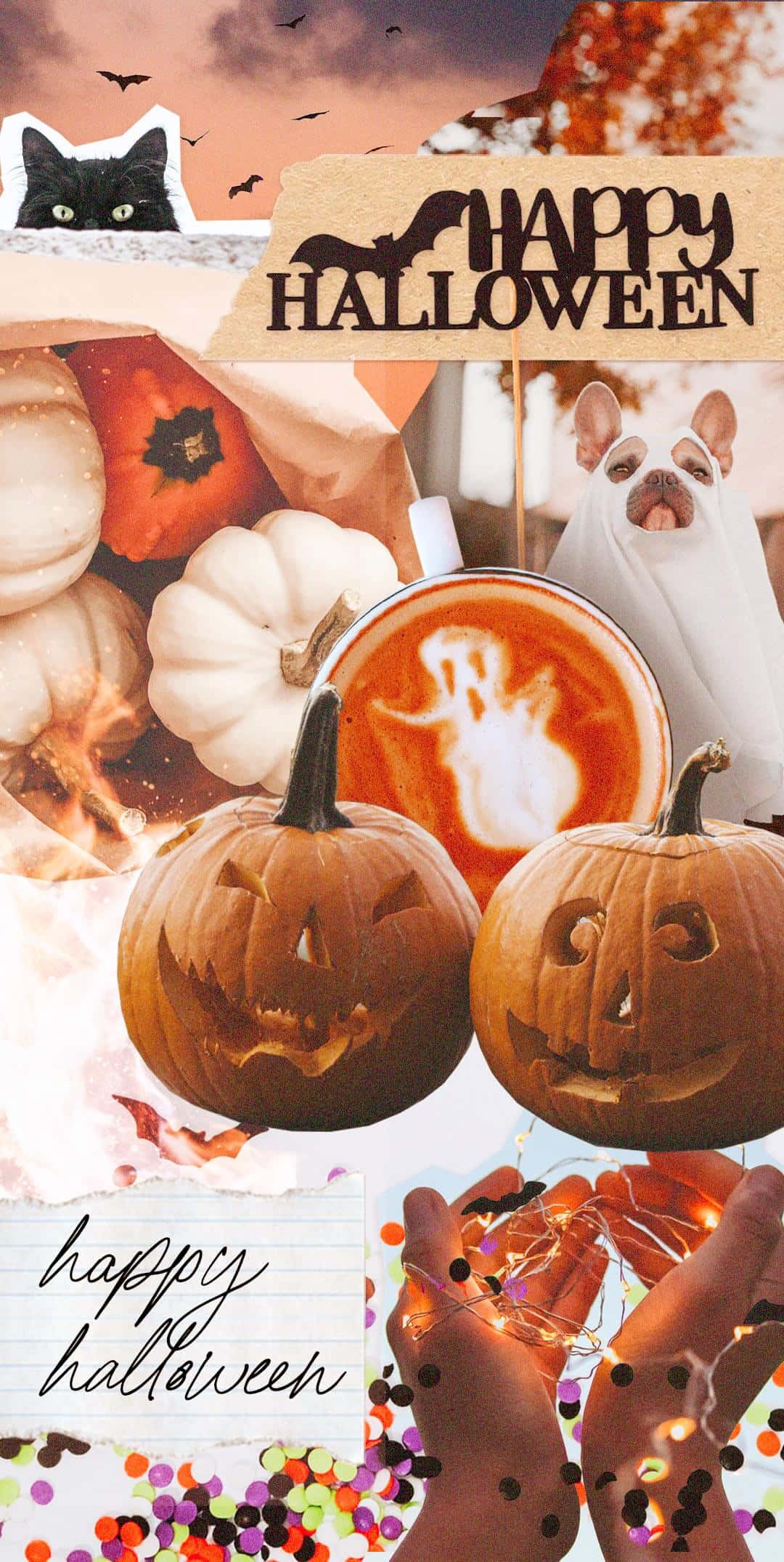 Halloween Phone 桌布 壁紙 — 一個節日萬聖節拼貼畫，特色包括雕刻南瓜、發光的燈光、幽靈拿鐵和一隻穿著幽靈服裝的狗。
