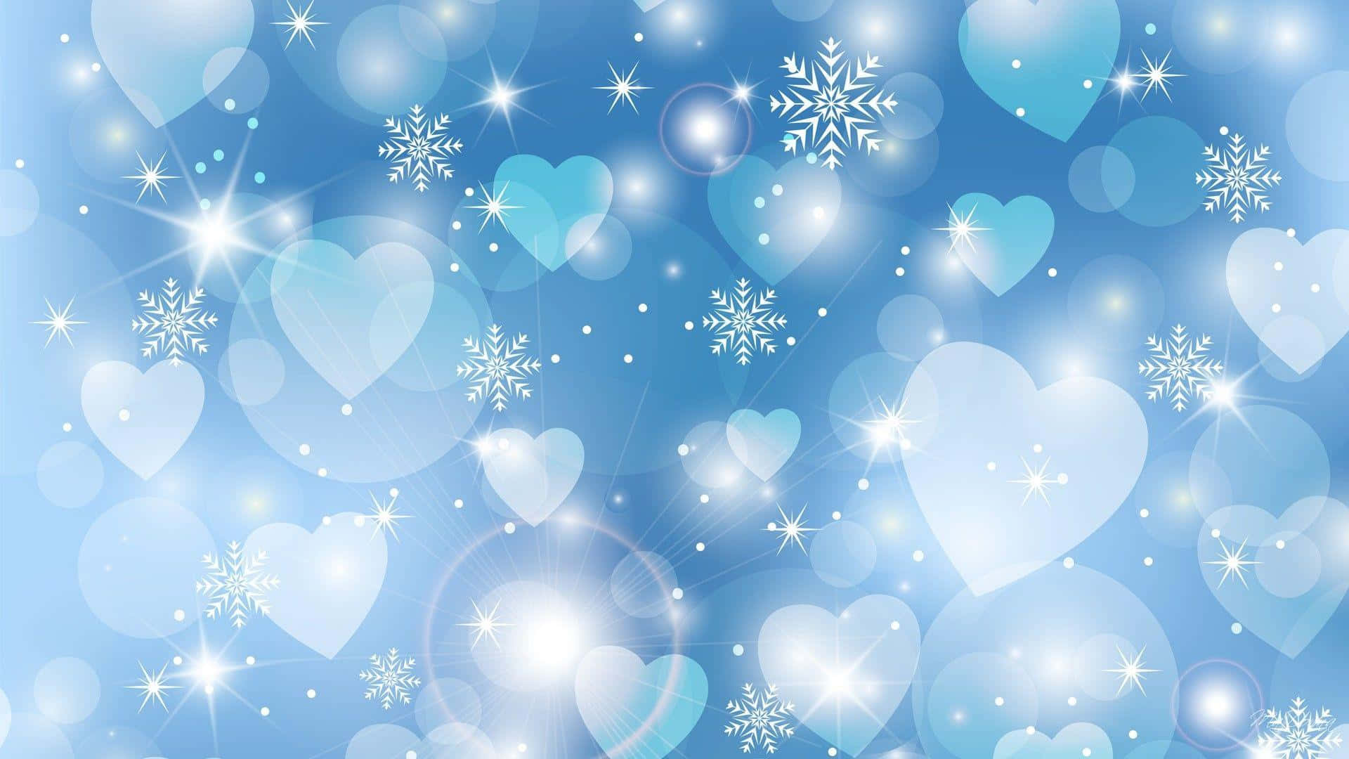 Blue Heart 桌布 壁紙 — 一個節日藍色背景，裝飾著發光的愛心、雪花和星爆，營造出神奇的冬季仙境氛圍。