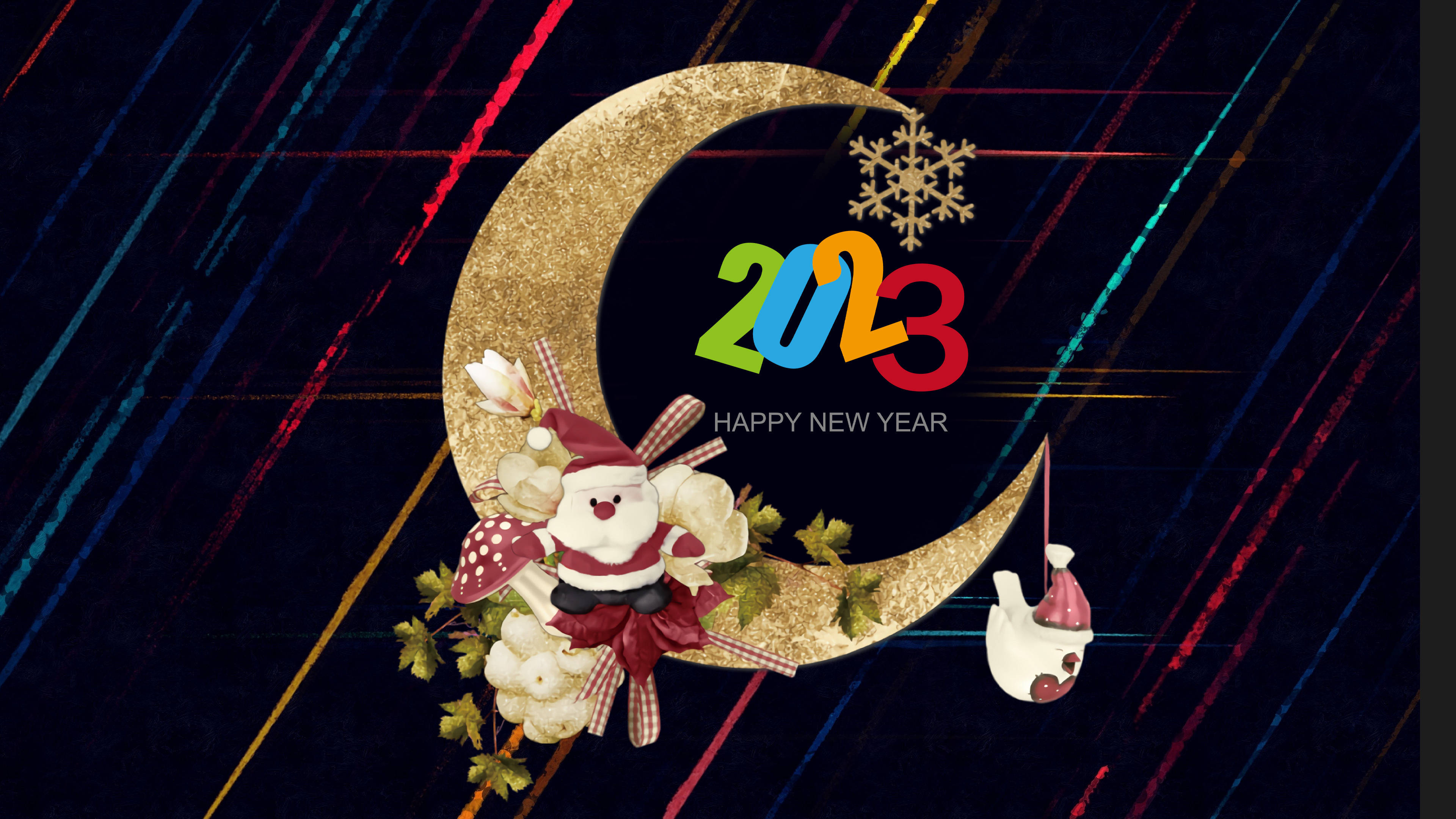 節日金色新月與聖誕老人和雪花在霓虹條紋背景下慶祝2023。 — 新年快樂 GIF 壁紙
