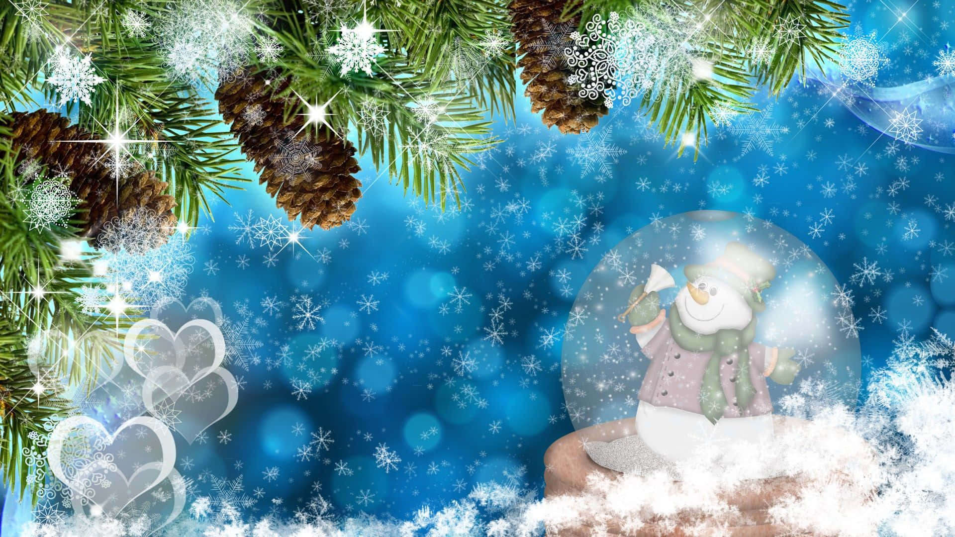 Winter Holiday 桌布 壁紙 — 一個節日雪球，內有一個快樂的雪人，放在發光的松樹枝和飄落的雪花下，背景是閃爍的藍色。