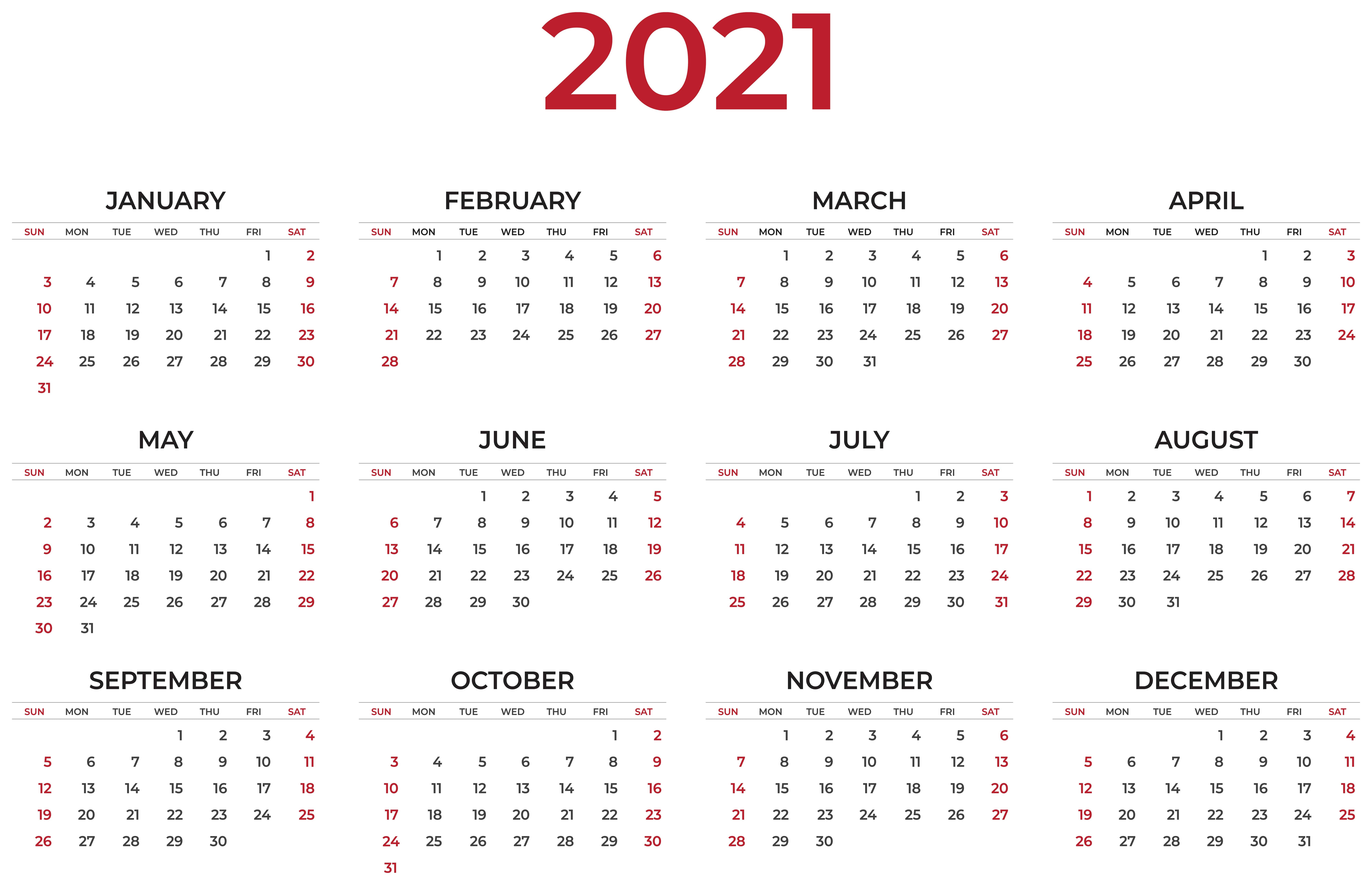 2021 Desktop 桌布 壁紙 — 一個簡潔極簡的2021年年曆，帶有紅色標題和白色背景上的日期。