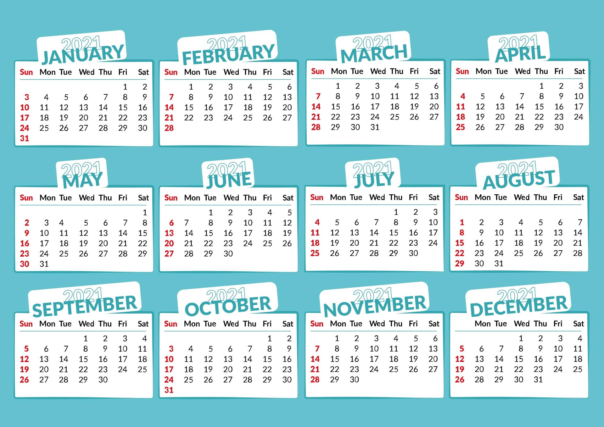 2021 Desktop 桌布 壁紙 — 一個簡潔的2021年年曆網格，帶有白色方框和青綠色標題，背景為純色青綠色。