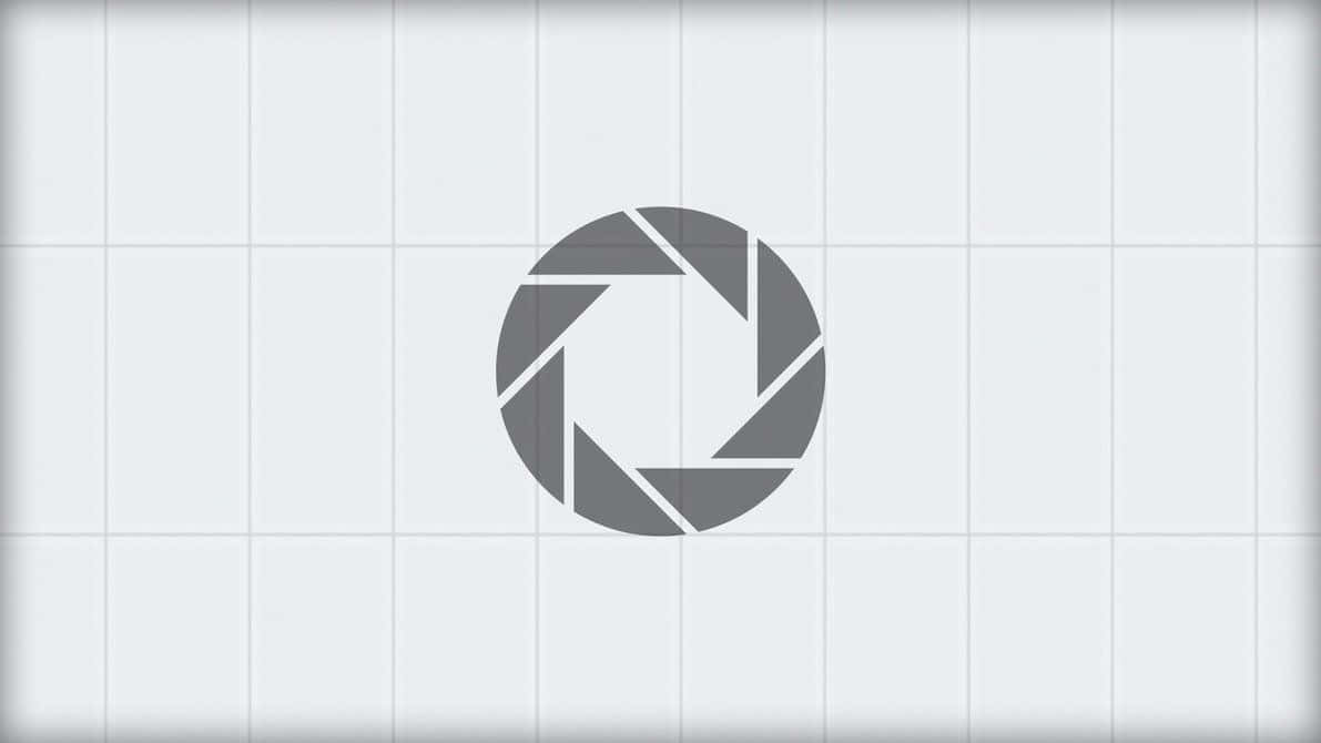 Aperture Science Logo Portal 4K 壁紙 — 一個簡約灰色相機光圈圖示，居中於淺灰色瓷磚背景上，帶柔和陰影。