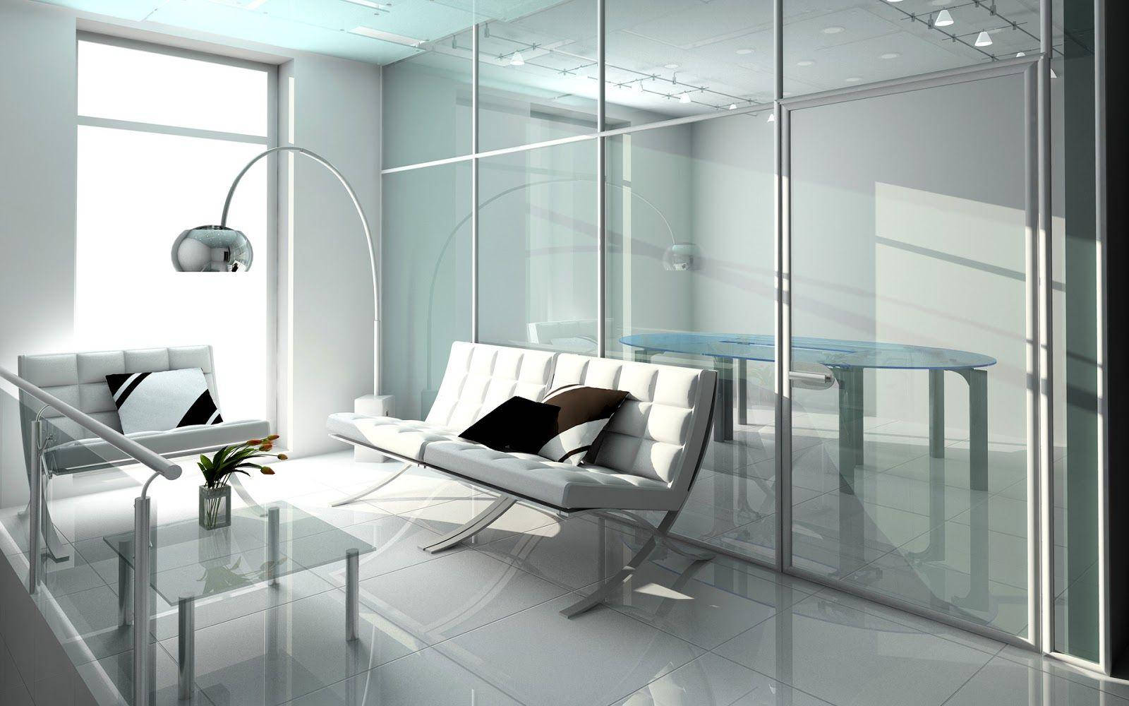Interior Design 桌布 壁紙 — 一個簡約現代的生活空間，配有白色皮革沙發、玻璃隔斷和時尚的金屬裝飾，沐浴在明亮的自然光中。