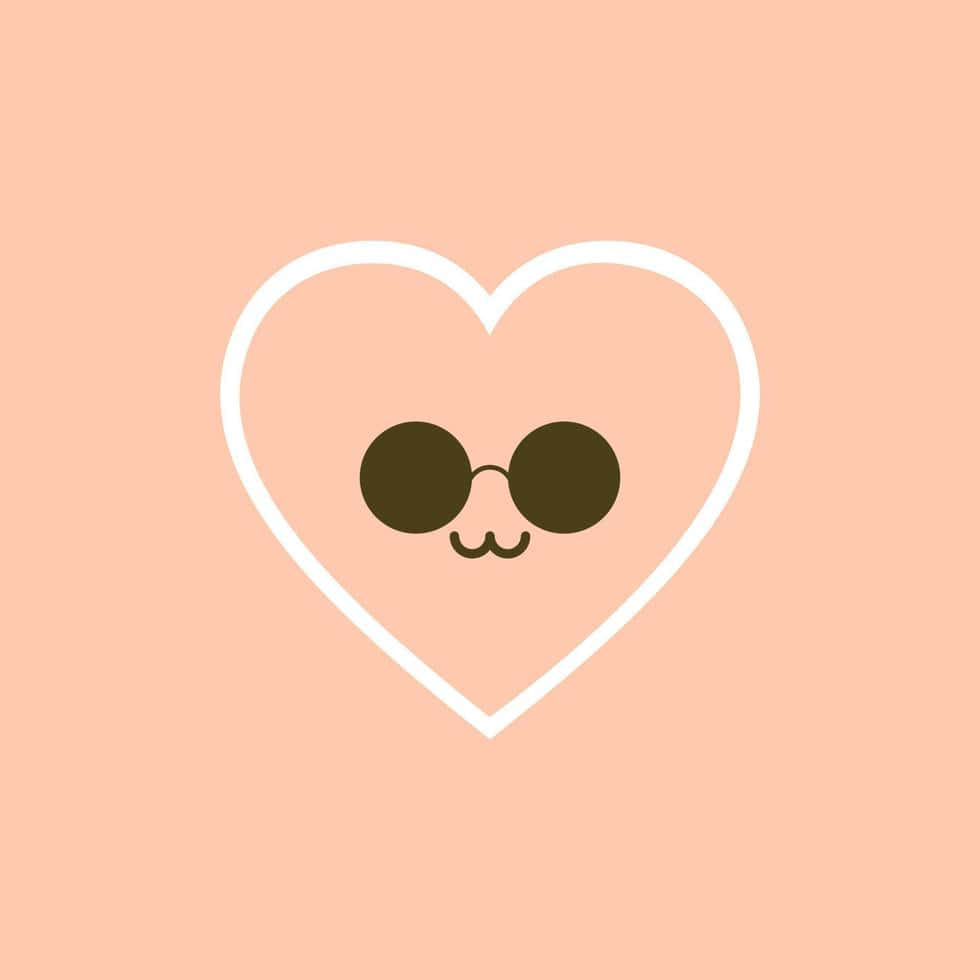 Heart Art 桌布 壁紙 — 一個簡約白色輪廓心形，戴著太陽眼鏡和鬍子，在柔和蜜桃色背景上。