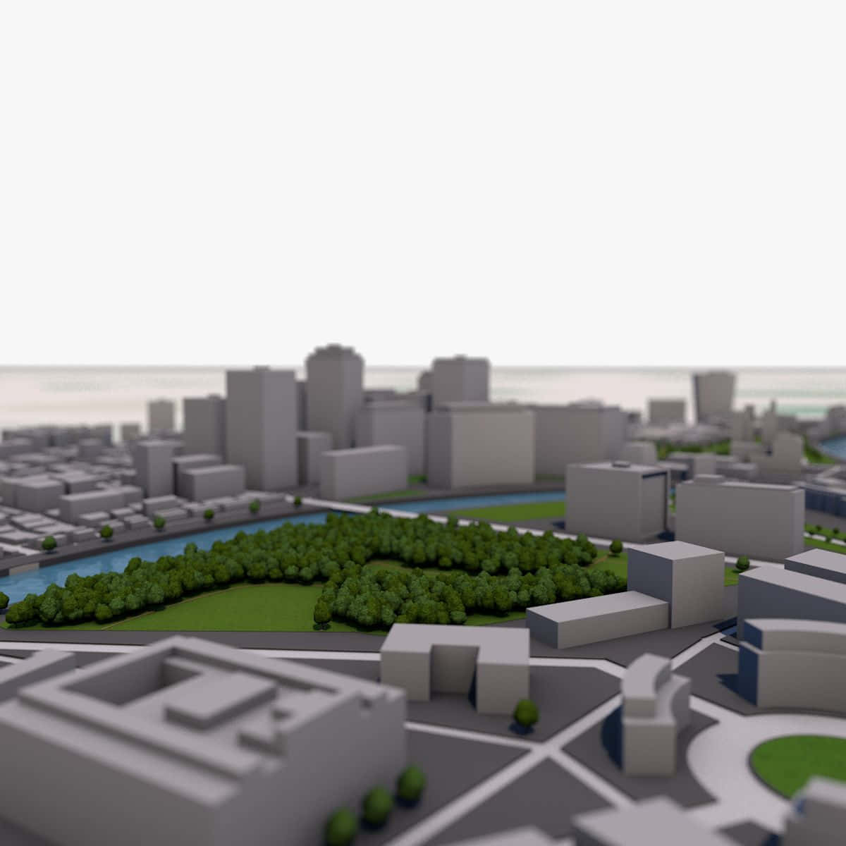 3d City 桌布 壁紙 — 一個簡約的3D渲染城市模型，有灰色建築物、綠色樹木和一條藍色河流，在明亮的日光下。