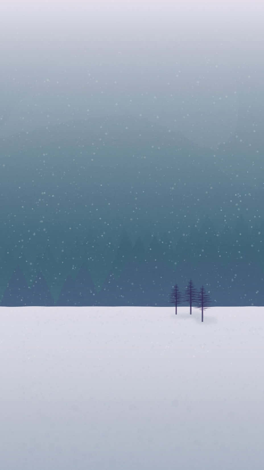 Minimalist Phone 桌布 壁紙 — 一個簡約的冬日場景，三棵深色松樹立在雪中，背景是朦朧的藍色漸變天空，雪花飄落。