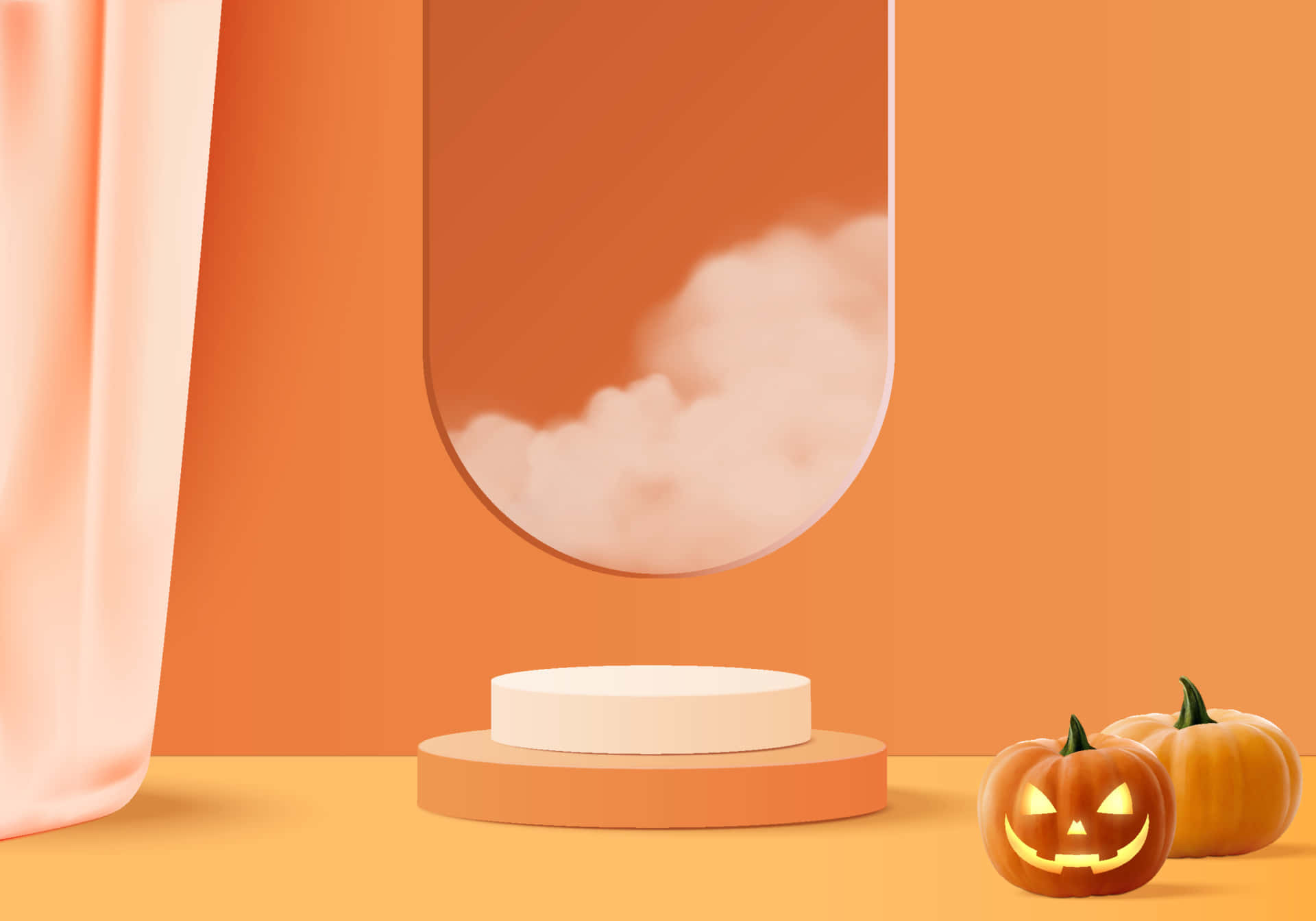Pastel Orange 桌布 壁紙 — 一個簡約的橙色房間，發光的傑克南瓜燈和南瓜放在圓形窗戶旁，窗外可見雲朵。