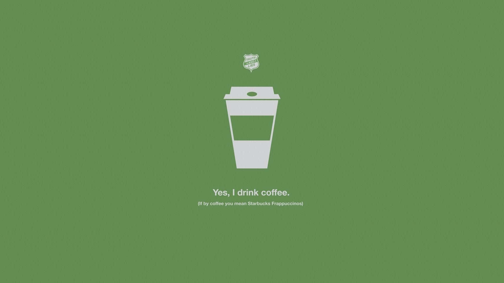 Minimalist Coffee 桌布 壁紙 — 一個簡約的白色 Starbucks Frappuccino 杯圖示，居中在純綠色背景上，下方有文字。