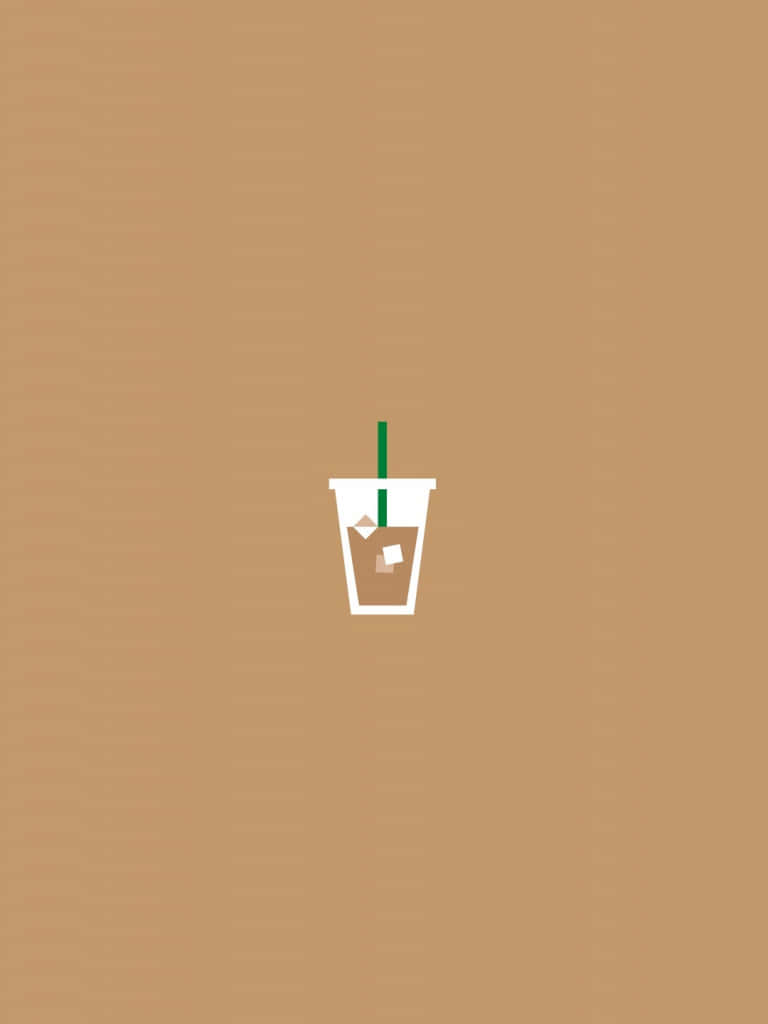 Minimalist Coffee 桌布 壁紙 — 一個簡約的白色凍咖啡杯，配綠色飲管，置於有紋理的米色背景中央。