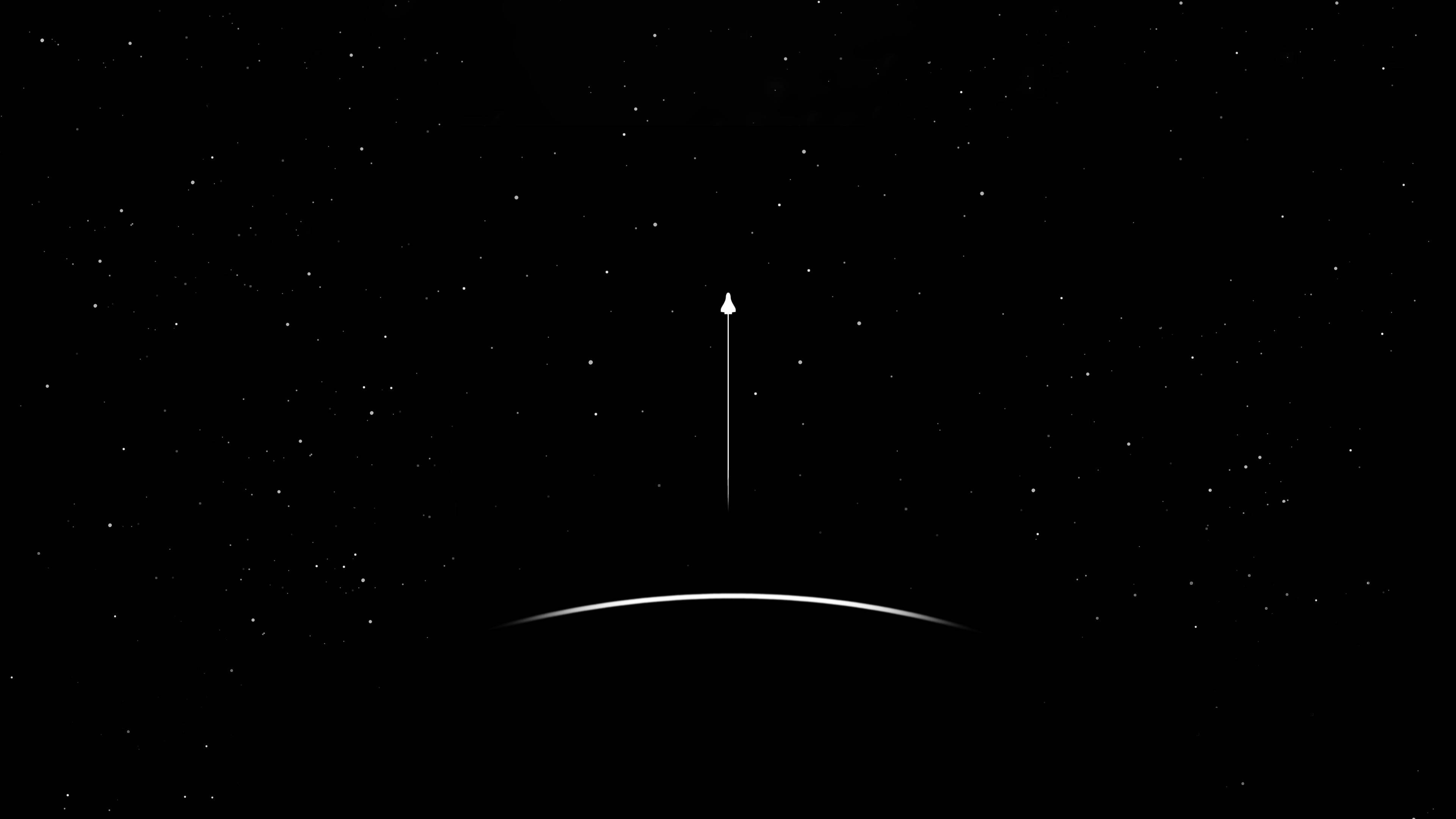 黑色動態圖 桌布 壁紙 — 一個簡約的白色箭頭從彎曲的行星地平線向上指向星空。