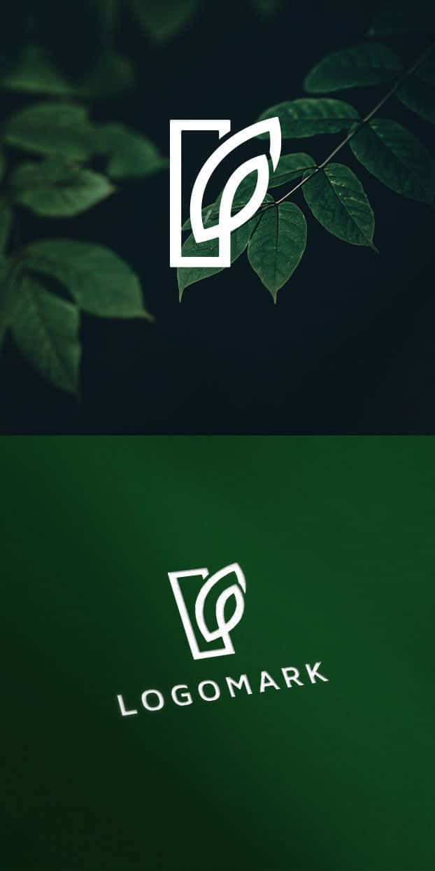 Minimalist Logo 桌布 壁紙 — 一個簡約的白色葉子標誌，優雅地被深綠色葉子框住，位於純綠色背景上方，帶有「logomark」字樣。