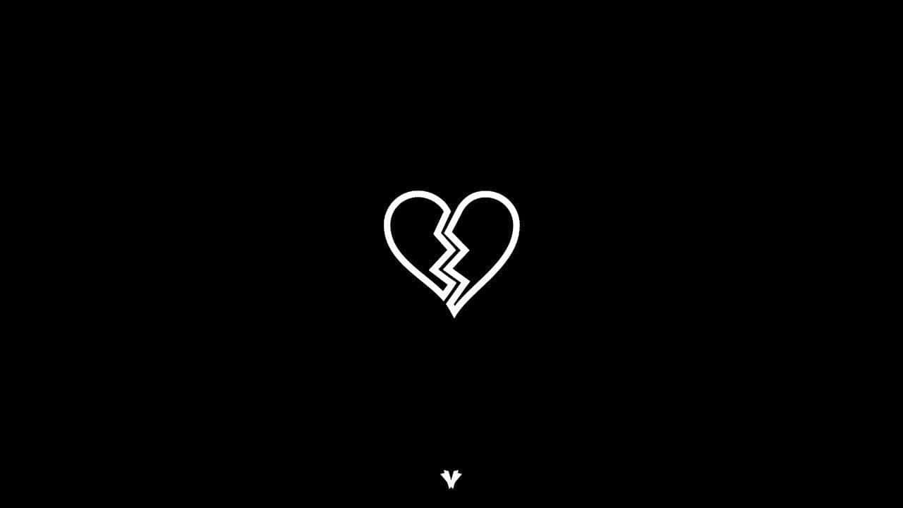 Broken Heart Black 桌布 壁紙 — 一個簡約的白色輪廓破碎心形，置於純黑色背景中央。