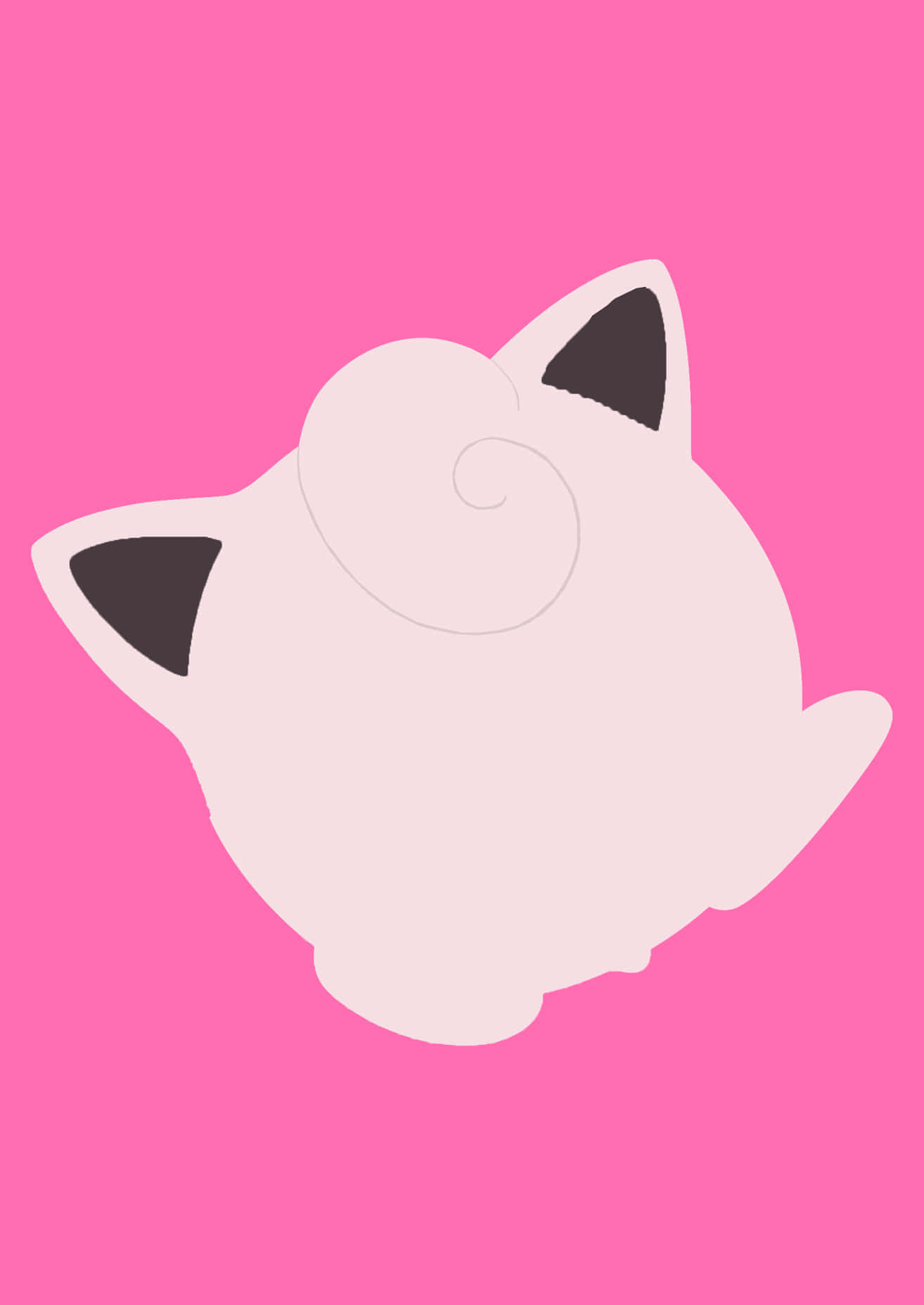 Jigglypuff 桌布 壁紙 — 一個簡約的粉紅色剪影，描繪了擁有深色耳朵的Jigglypuff，背景為純亮粉紅色。