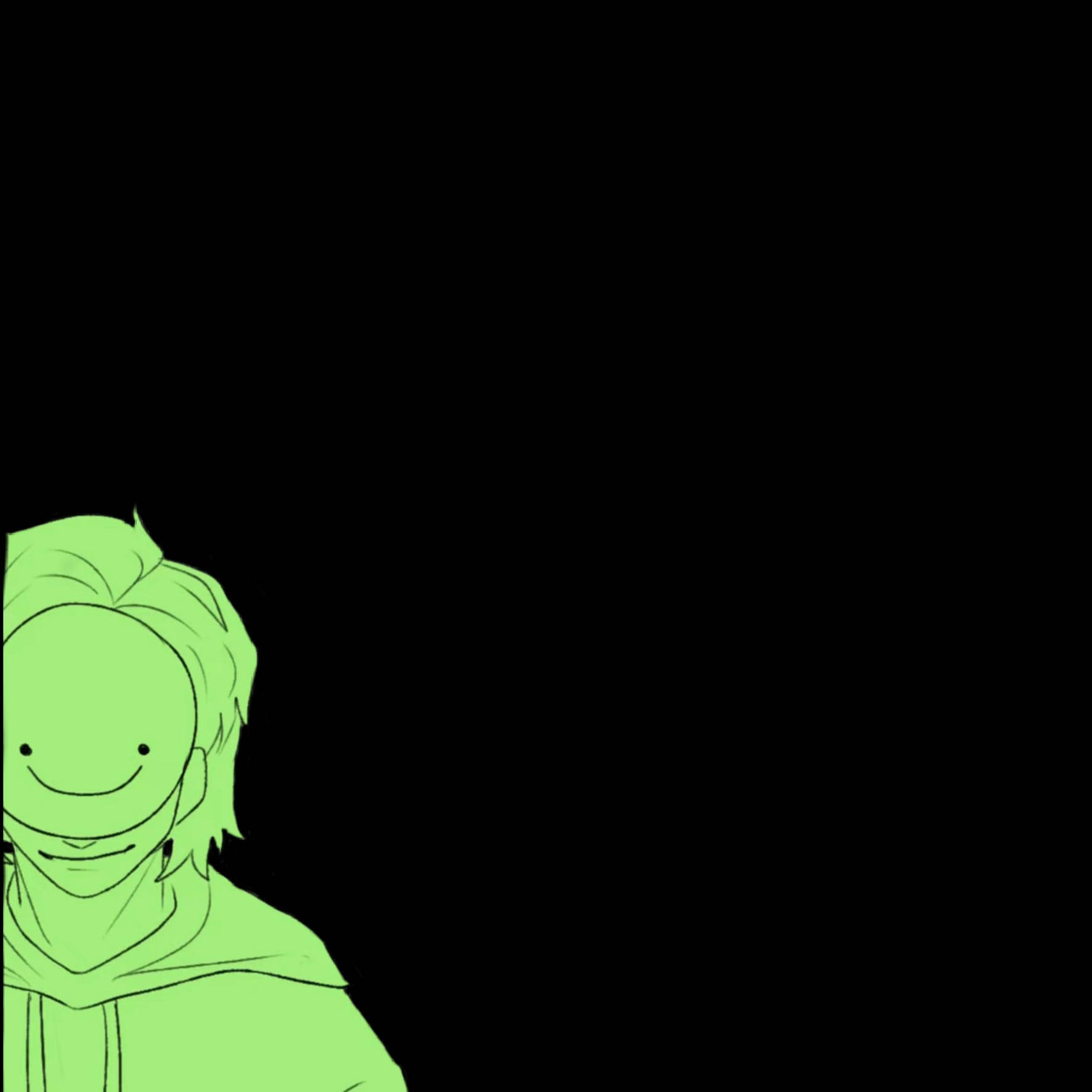 一個微笑的綠色卡通角色穿著連帽衫，背景是黑色。 — 夢境 GIF 壁紙