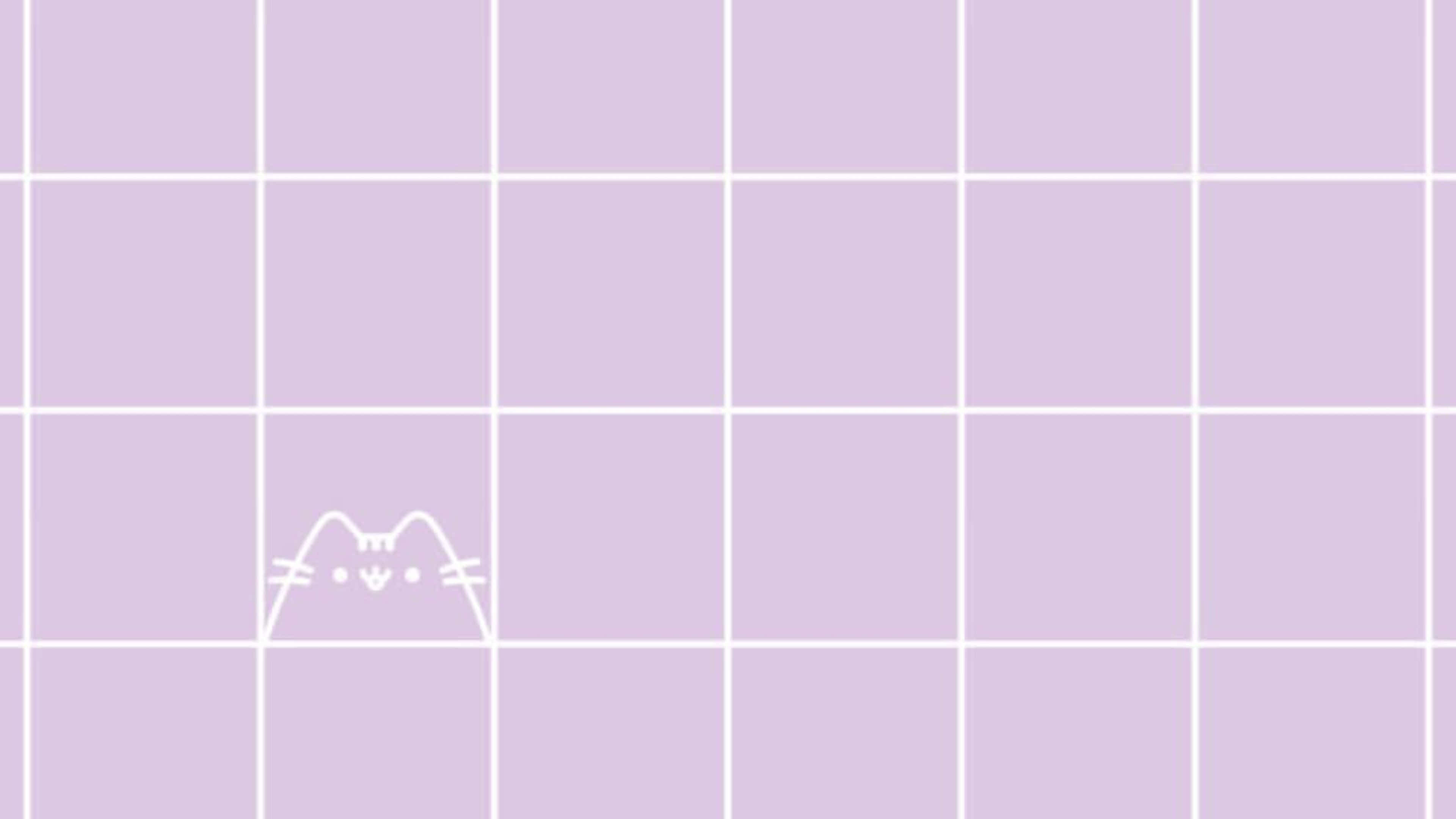 Pastel Aesthetic Grid 桌布 壁紙 — 一個簡約的薰衣草格紋桌布，左下角有一隻小小的白色線條貓咪探出頭來。