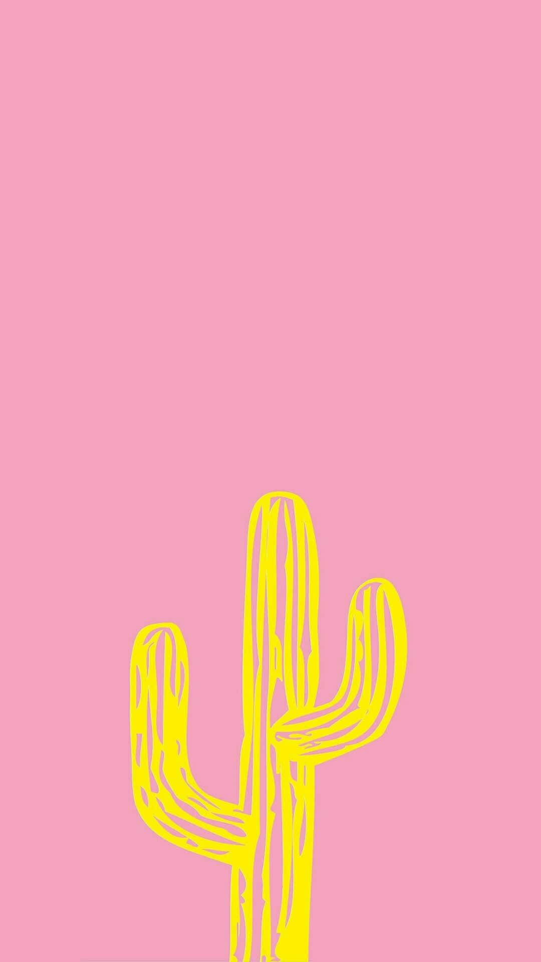 Kawaii Cactus 桌布 壁紙 — 一個簡約的黃色仙人掌輪廓，在純粉色背景上以乾淨的數位插圖呈現。