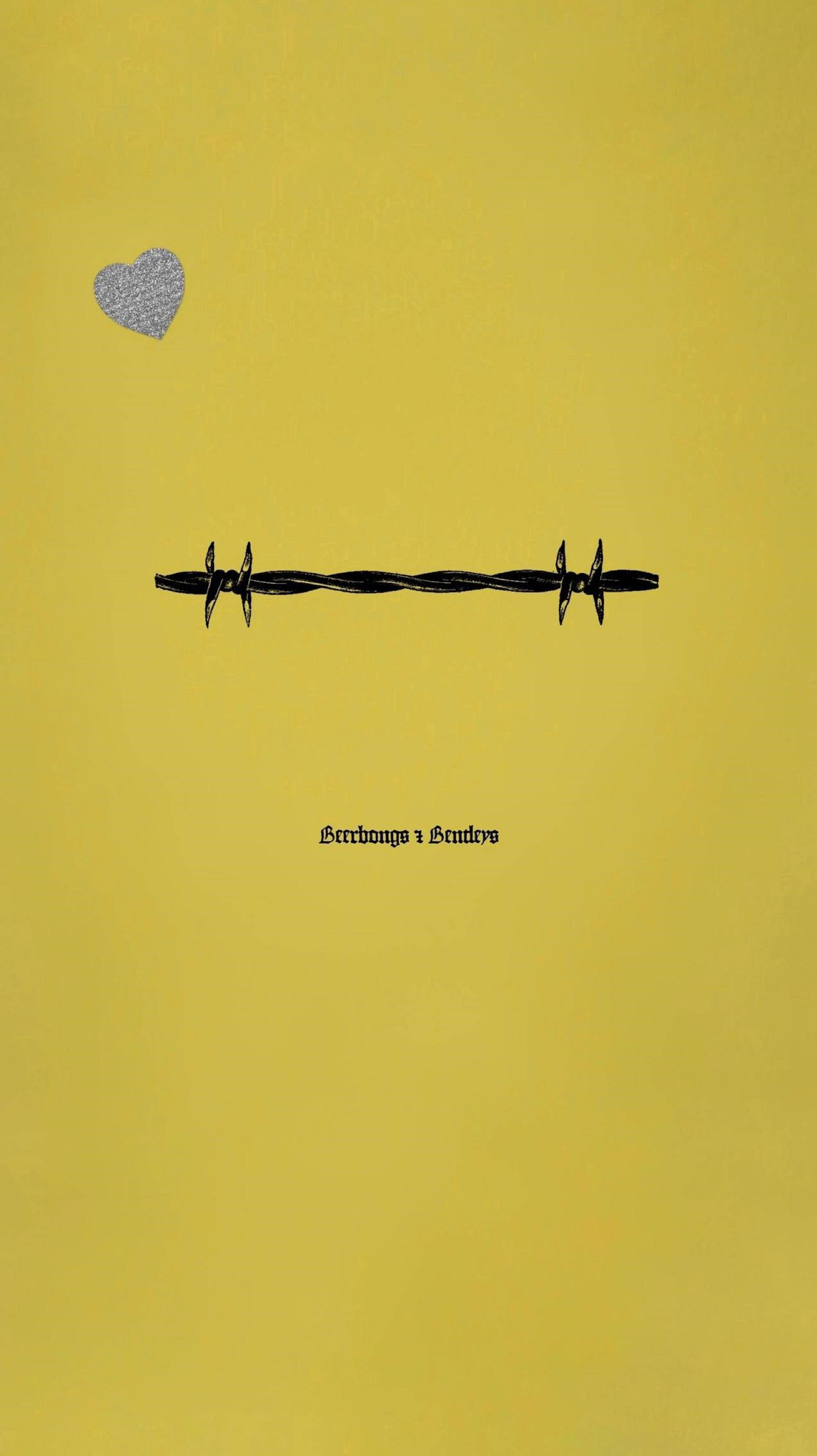 Post Malone Beerbongs Minimalist 壁紙 — 一個簡約的黃色背景，上面有一條黑色鐵絲網，上面有一個閃閃發光的心形，下面有文字。