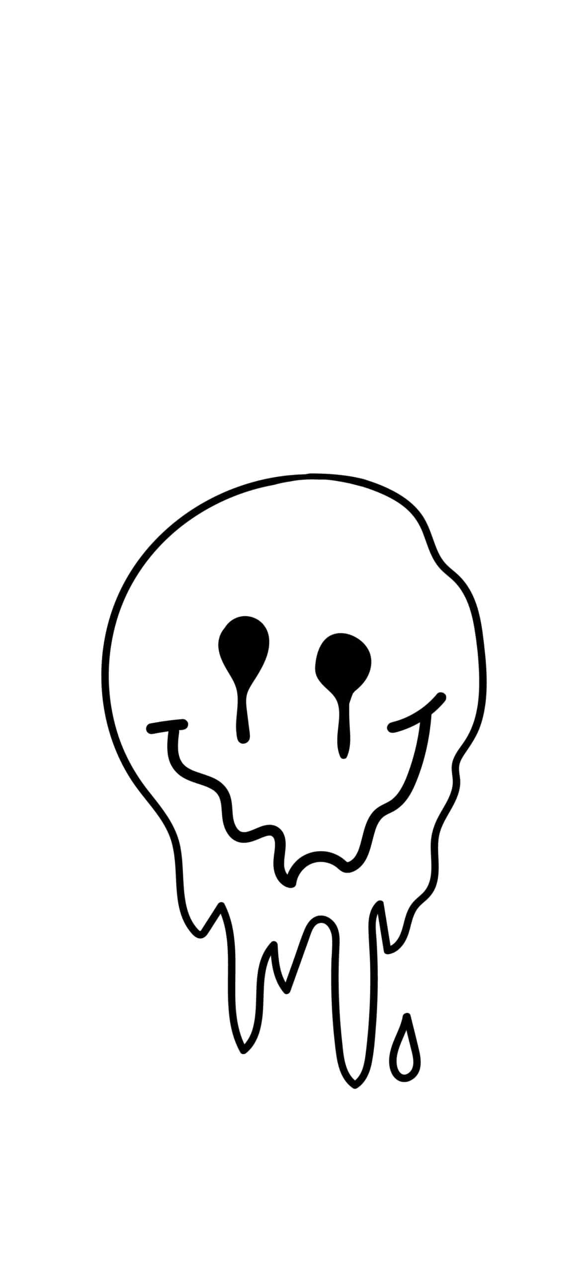 白色 iPhone 桌布 壁紙 — 一個簡約黑色線條繪畫，描繪一個正在融化、眼睛和嘴巴滴落的頭骨，背景為純白色。