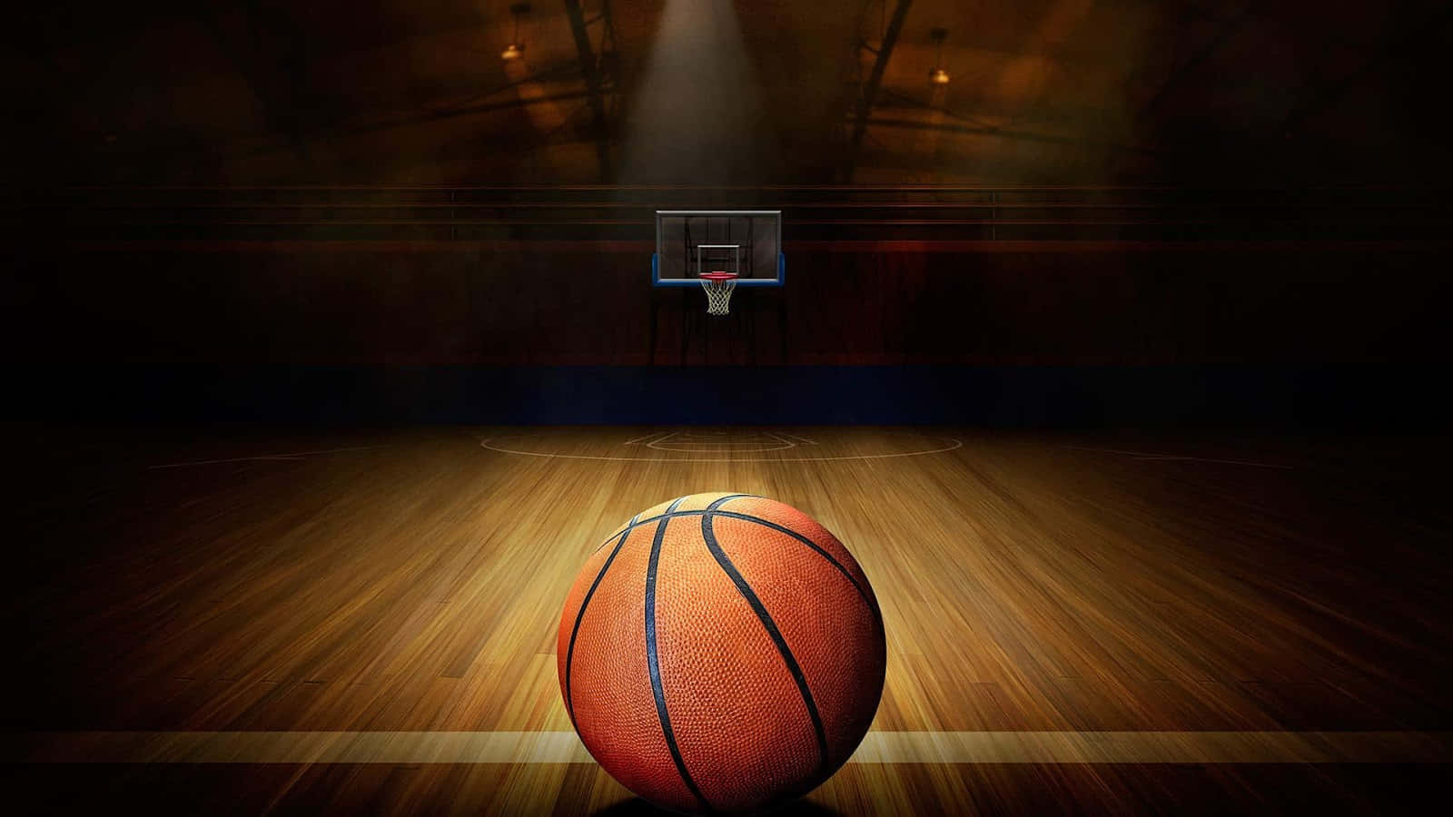 Cool Basketball 桌布 壁紙 — 一個籃球放在拋光木地板上，聚光燈下，遠處有一個籃框。