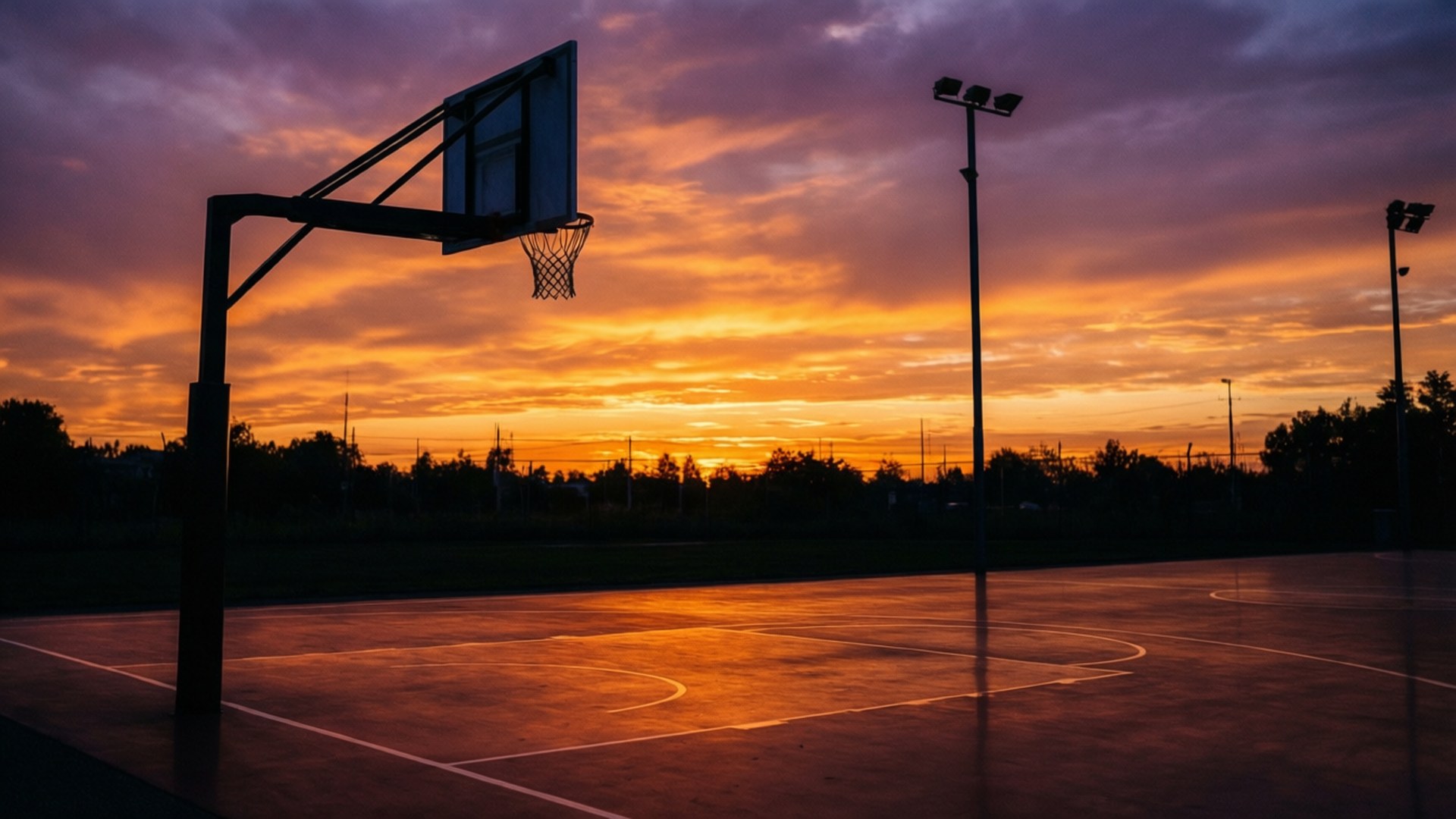 Golden Hour Court 壁紙 — 一個籃球框在空蕩的球場上，以火紅橙色和紫色的日落天空為背景，呈現剪影。