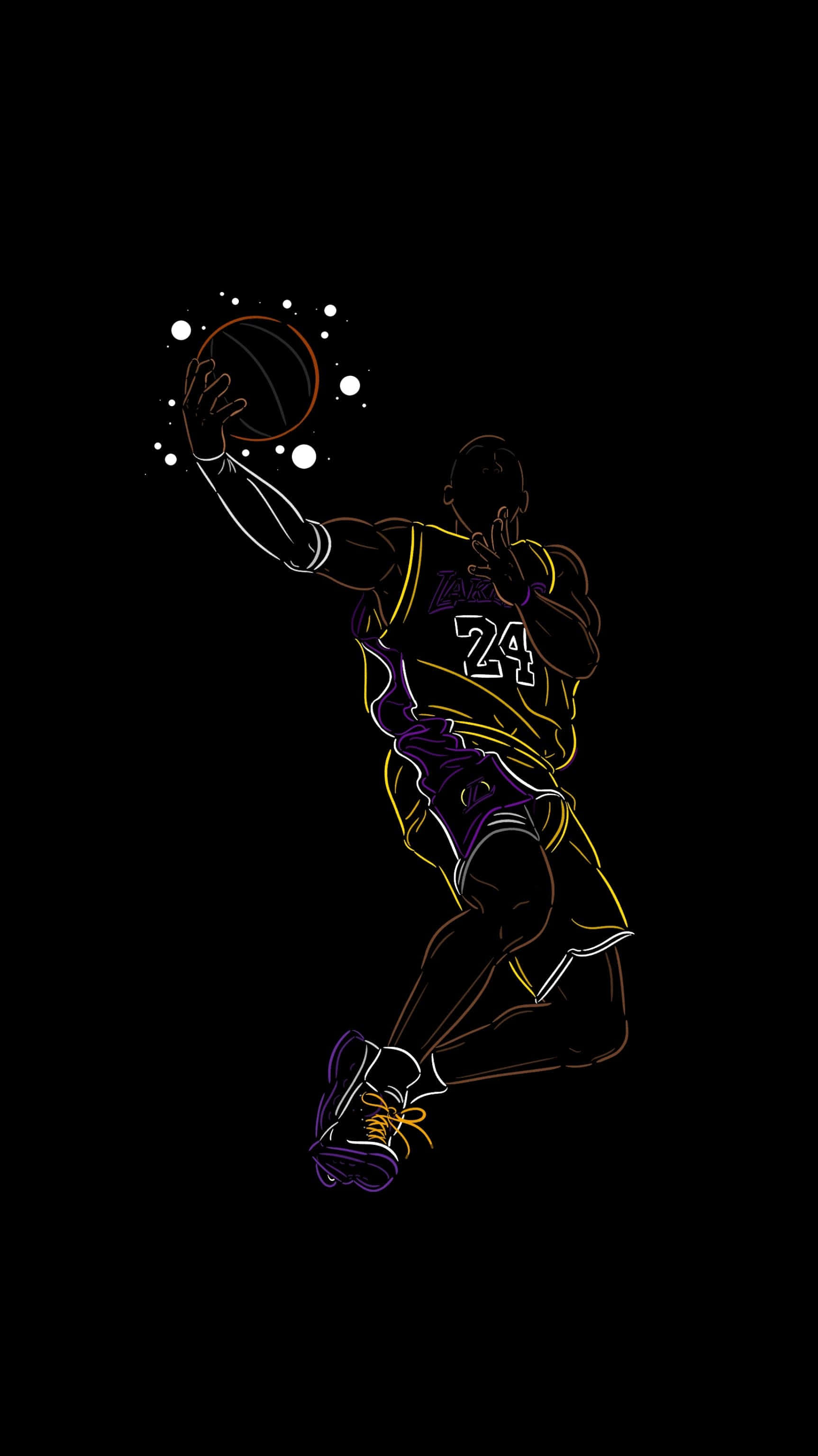 科比· Bryant 桌布 壁紙 — 一個籃球運動員在半空中入樽的霓虹剪影，背景為黑色，帶有發光粒子。