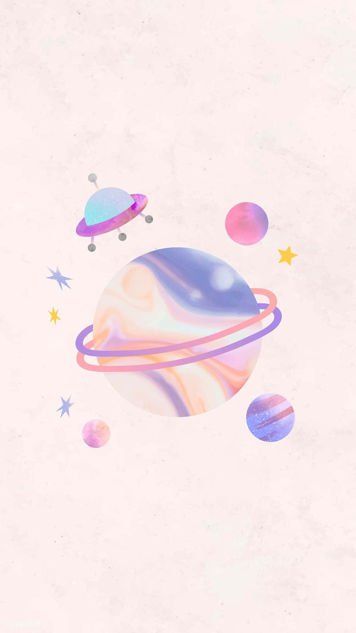 Pastel Phone 桌布 壁紙 — 一個粉彩宇宙場景，有旋轉的行星、環、星星和一個UFO漂浮在帶有紋理的淺粉紅色背景上。