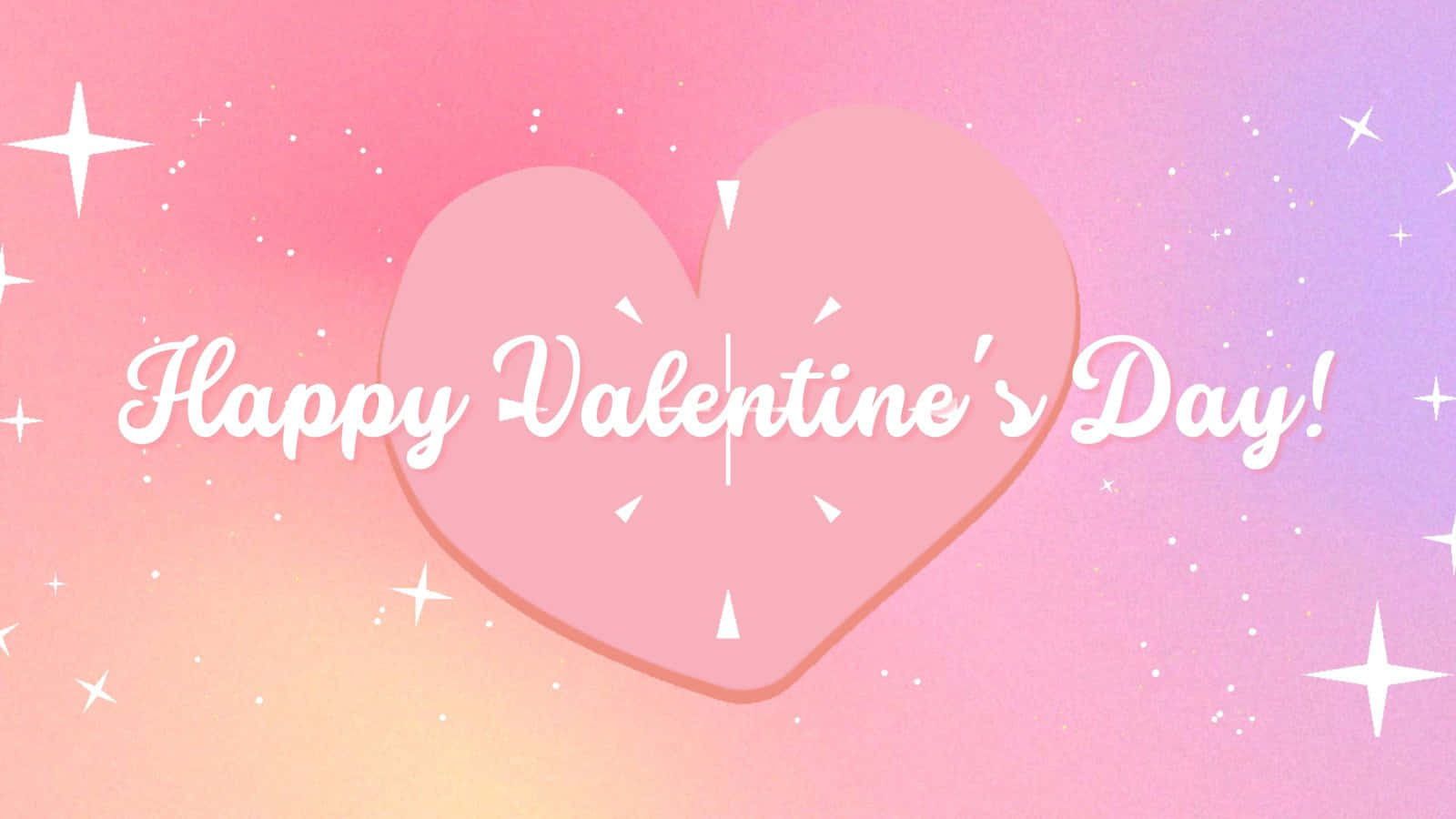 Happy Valentines Day 桌布 壁紙 — 一個粉彩色漸變背景，上面有一個大粉紅色心形和閃爍星星，圍繞著白色草書文字「Happy Valentine's Day!」。