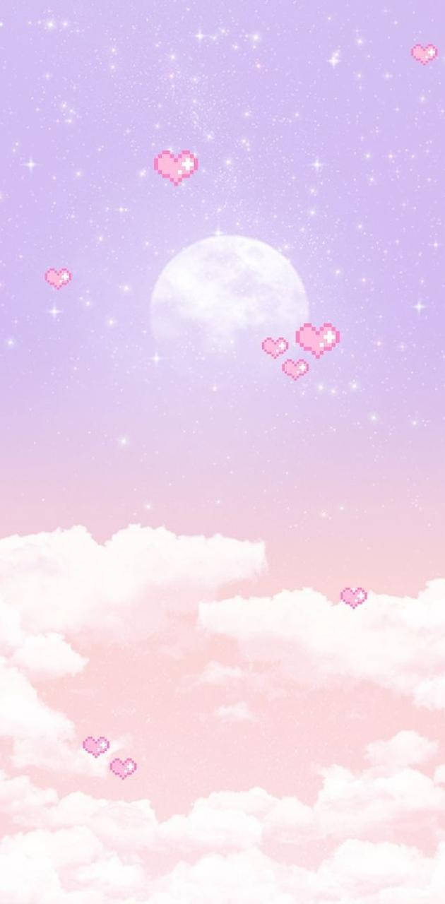 Purple Aesthetic iPhone 桌布 壁紙 — 一個粉彩色的天空，滿月與像素心形在蓬鬆雲朵上方漂浮，下方是星空漸變。