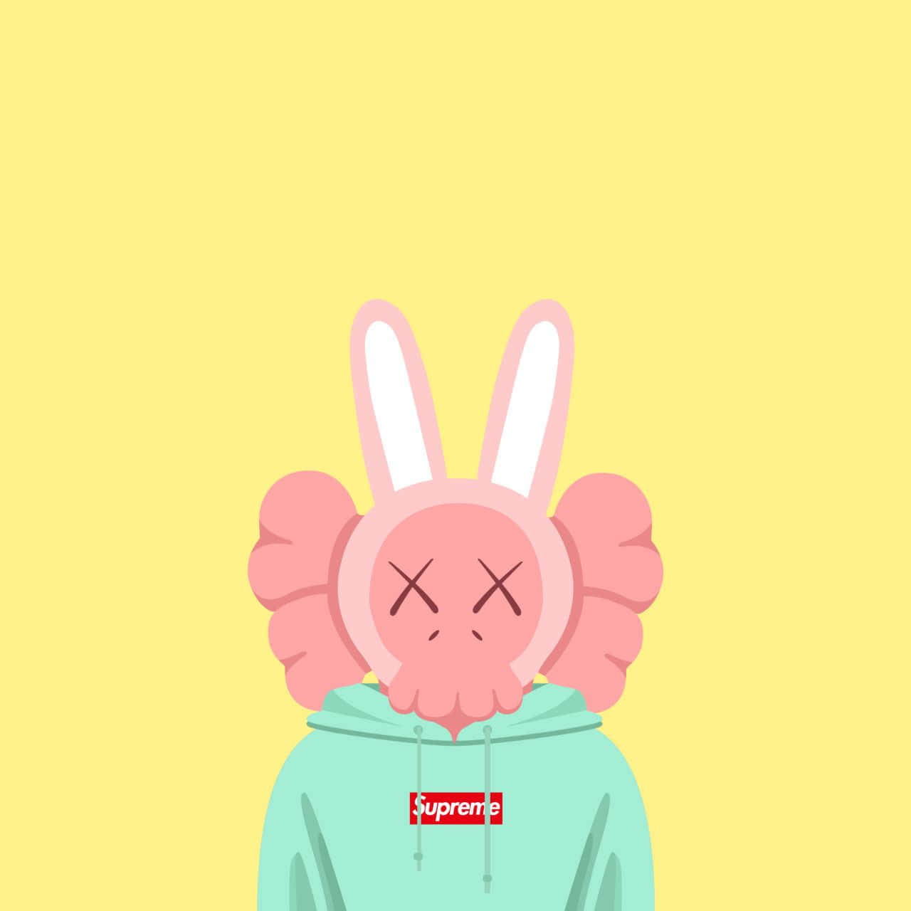 Kaws X Supreme 桌布 壁紙 — 一個粉紅色兔頭角色，眼睛呈X形，穿著薄荷綠色連帽衫，上面有紅色Supreme標誌，背景為純黃色。