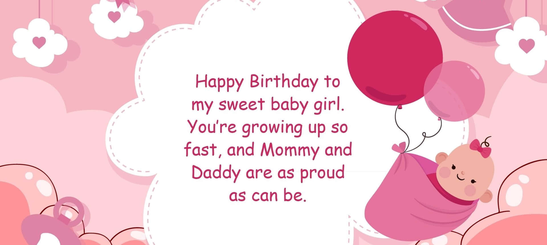 Birthday Wishes 桌布 壁紙 — 一個粉紅色卡通女嬰裹在襁褓中，與氣球一起漂浮在粉彩雲朵背景上，附有生日祝福語。