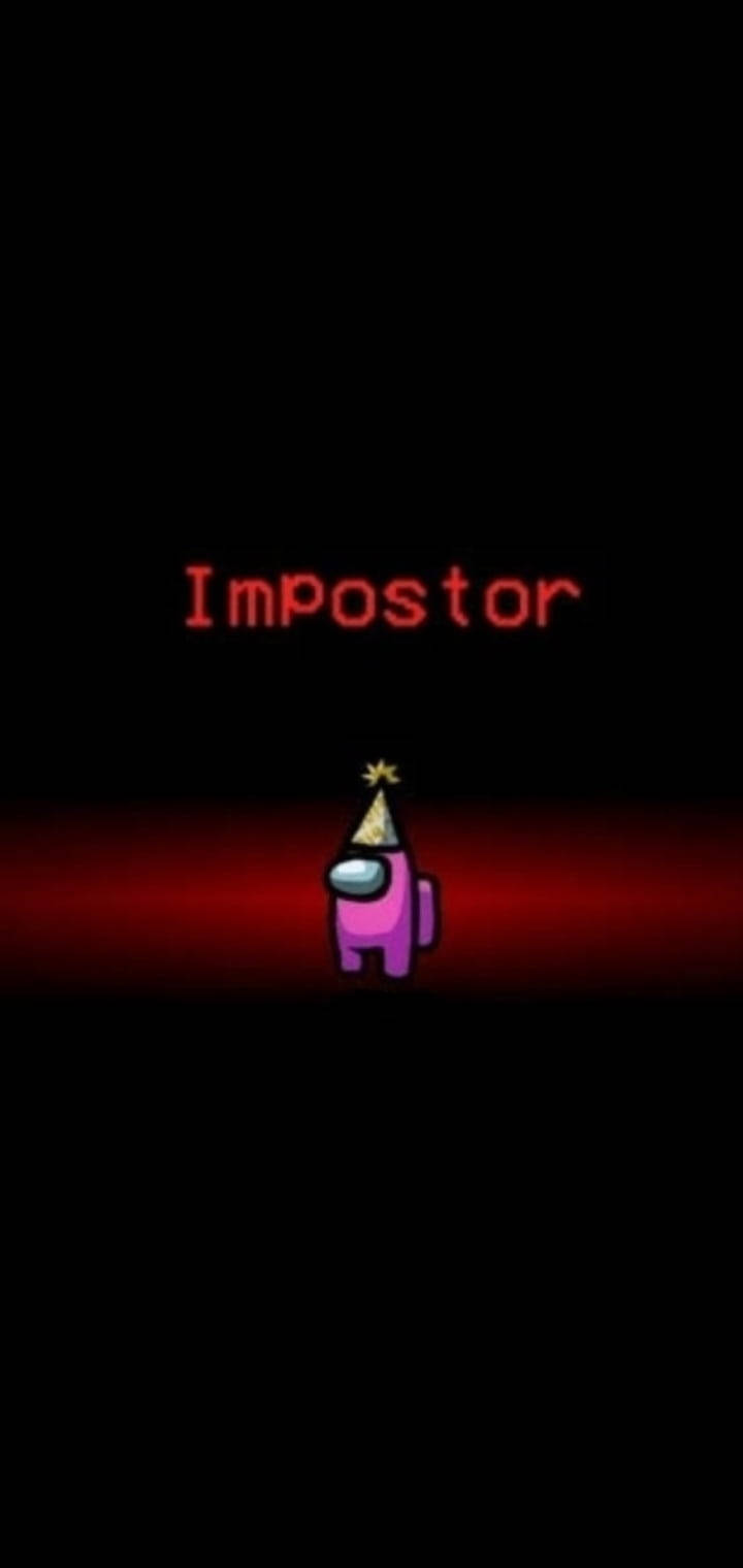 Among US Impostor 桌布 壁紙 — 一個粉紅色嘅Among Us角色戴住派對帽，企喺一個紅色發光平台上，下面有紅色字寫住Impostor，背景係黑色。