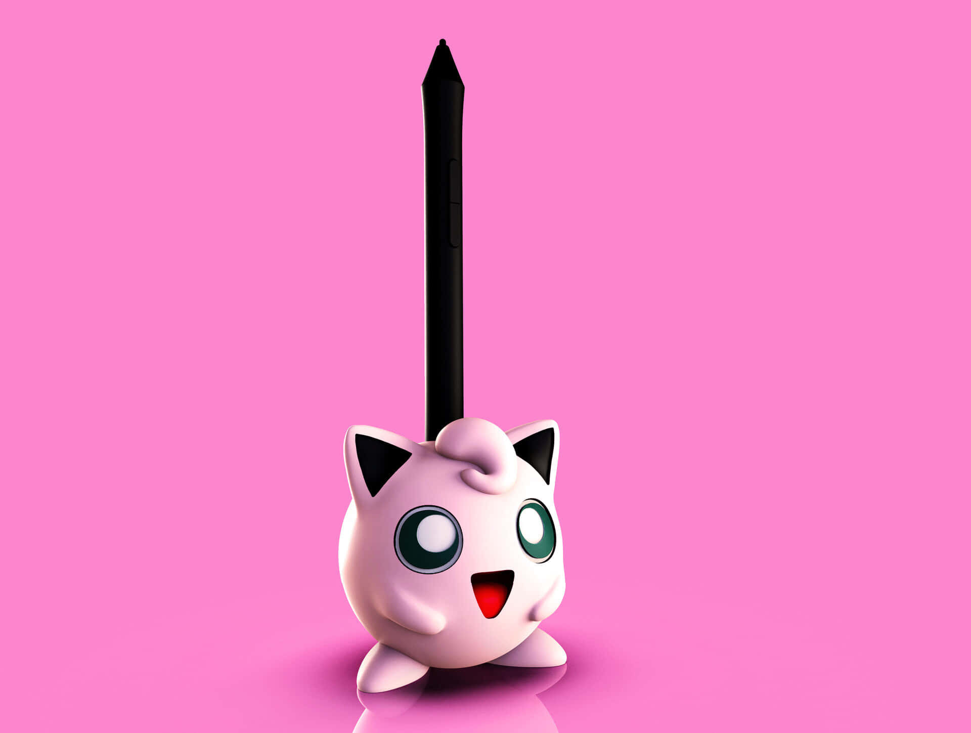 Jigglypuff 桌布 壁紙 — 一個粉紅色嘅Jigglypuff毛公仔喺純粉紅色背景上垂直揸住一支黑色觸控筆。