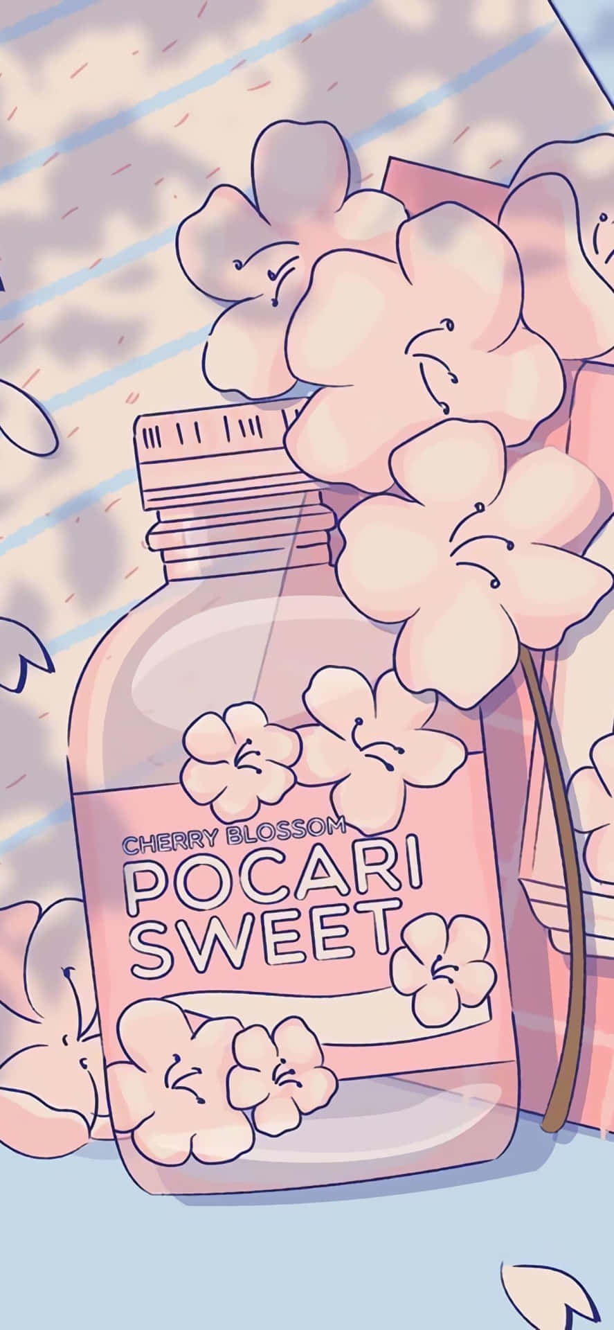 Kawaii Japanese 桌布 壁紙 — 一個粉紅色嘅Pocari Sweat樽，喺柔和斑駁嘅陽光下點綴住櫻花。