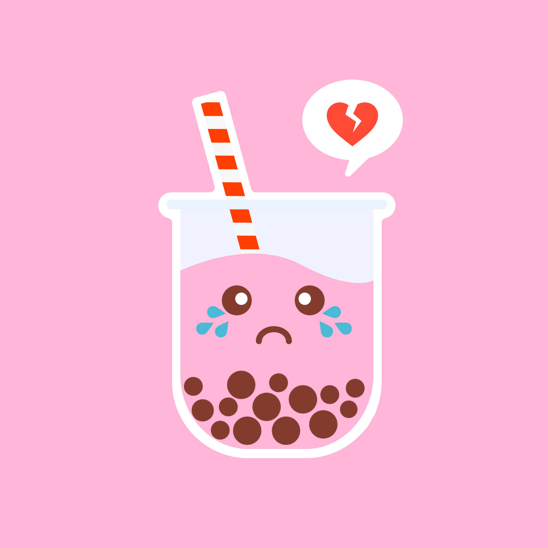 Cute Kawaii Japanese Characters 桌布 壁紙 — 一個粉紅色嘅泡泡茶杯，帶住一個傷心嘅樣同眼淚，喺柔和嘅粉紅色背景上攞住一個碎心心形對話氣泡。