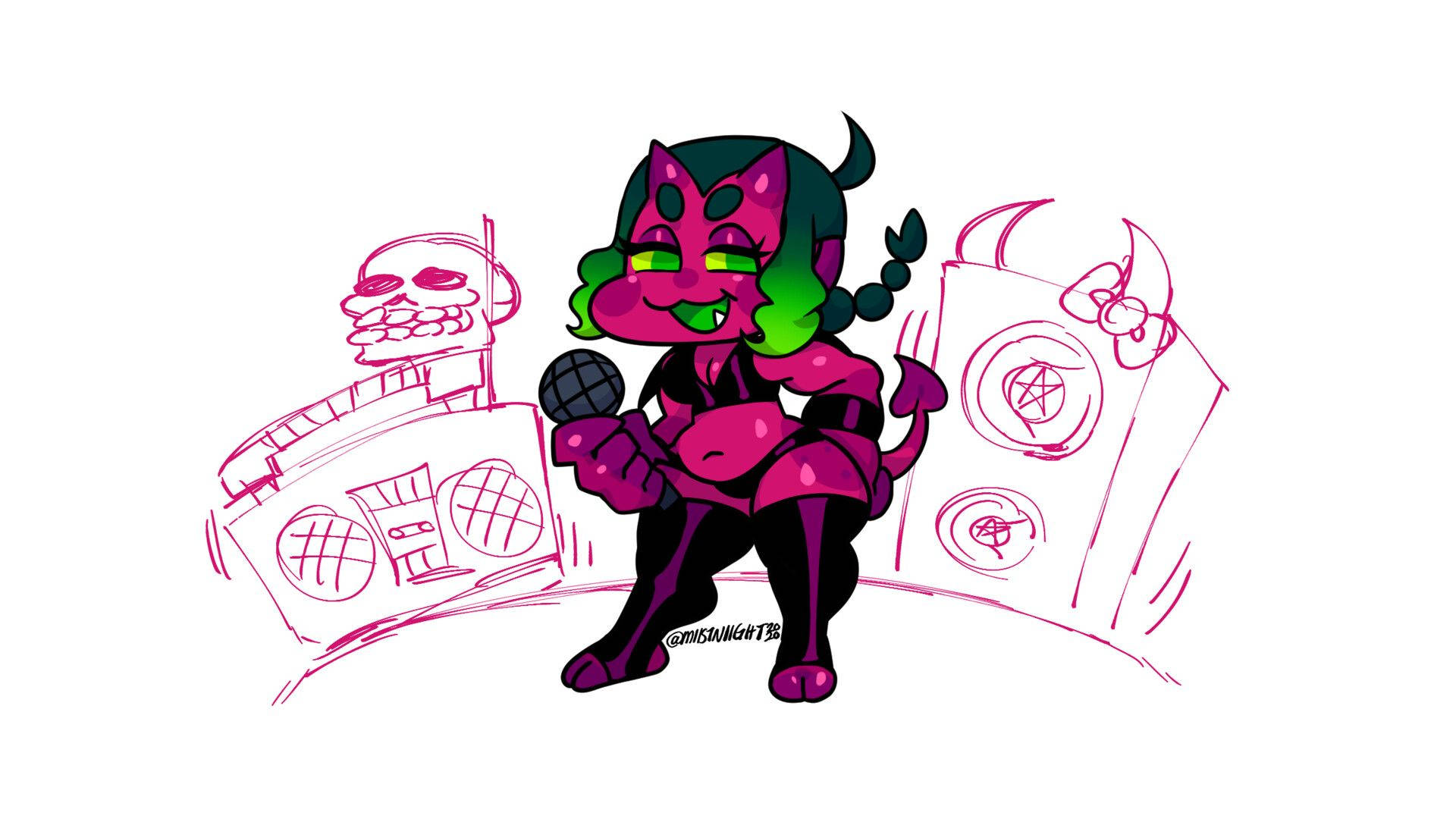 Teacup Friday Night Funkin 壁紙 — 一個粉紅色惡魔女孩，綠色頭髮，對著咪高峰唱歌，兩旁有草圖風格的音箱和一個骷髏頭。
